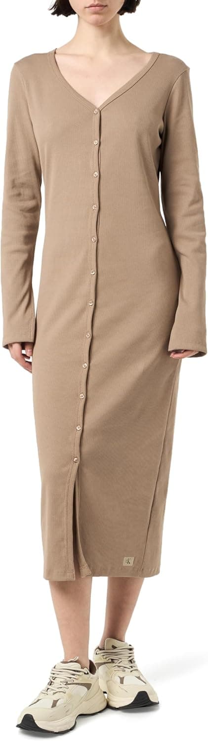 Calvin Klein Woven Label LS Rib Dress Vestido para mulher