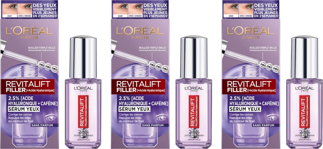 L'Oréal Paris Revitalift Filler | Sérum para contorno de olhos com ácido hialurónico, 20 ml x 2
