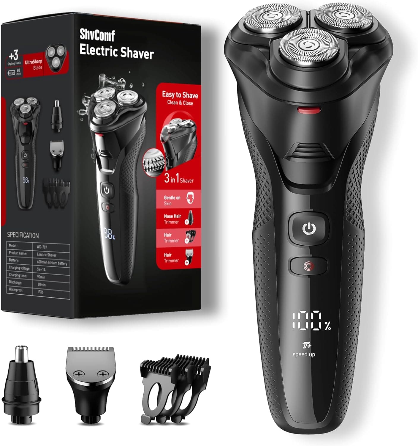 Láquina de barbear elétrica para homens, máquina de barbear elétrica ShvComf impermeável, seca e húmida, máquina de barbear recarregável para homem, velocidade ajustável, com aparador de pelo do nariz