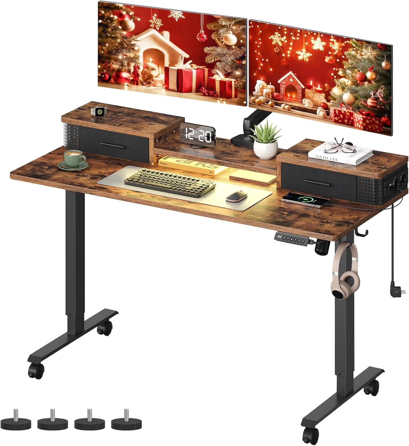 VASAGLE Mesa elétrica, regulável em altura, 60 x 140 x (72-120), ajuste sem escalonamento, com suporte para monitor, gancho, função memória, castanho rústico LSD184X01