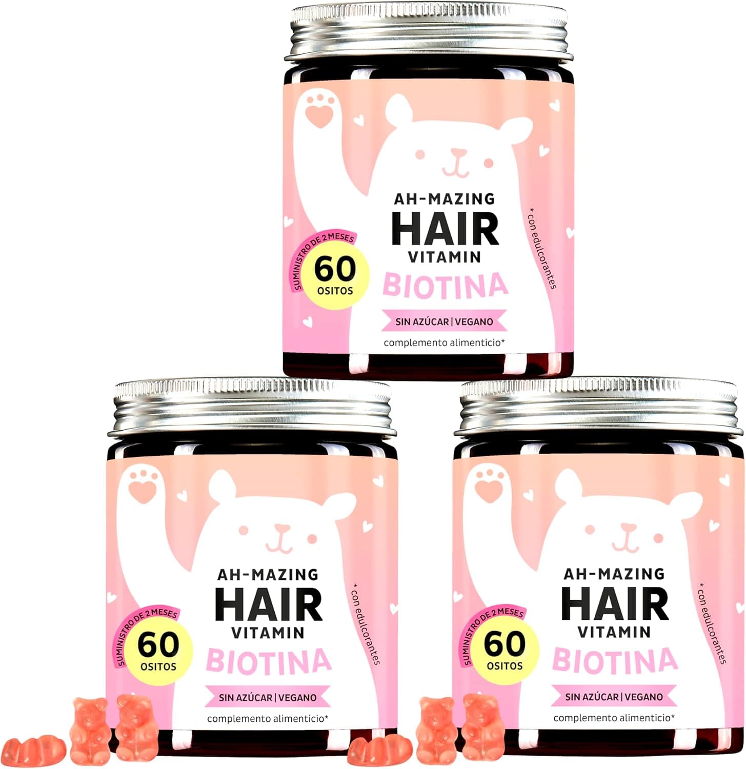 Gominolas para o cabelo sem açúcar e vegan, conjunto de 3 - 5000 μg de biotina, zinco e vitaminas para o cabelo, acessórios alimentares para o cuidado do cabelo, 180 u - Bears with Benefits