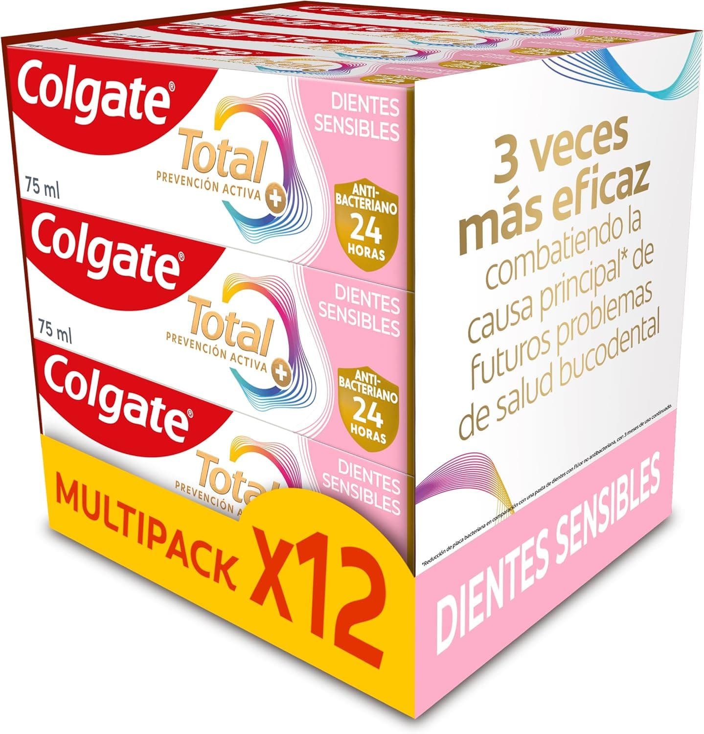 Colgate Total Prevención Activa + Dientes Sensibles | Pack de 12 pastas de dentes 75 ml para dentes sensíveis com proteção antibacteriana 24h