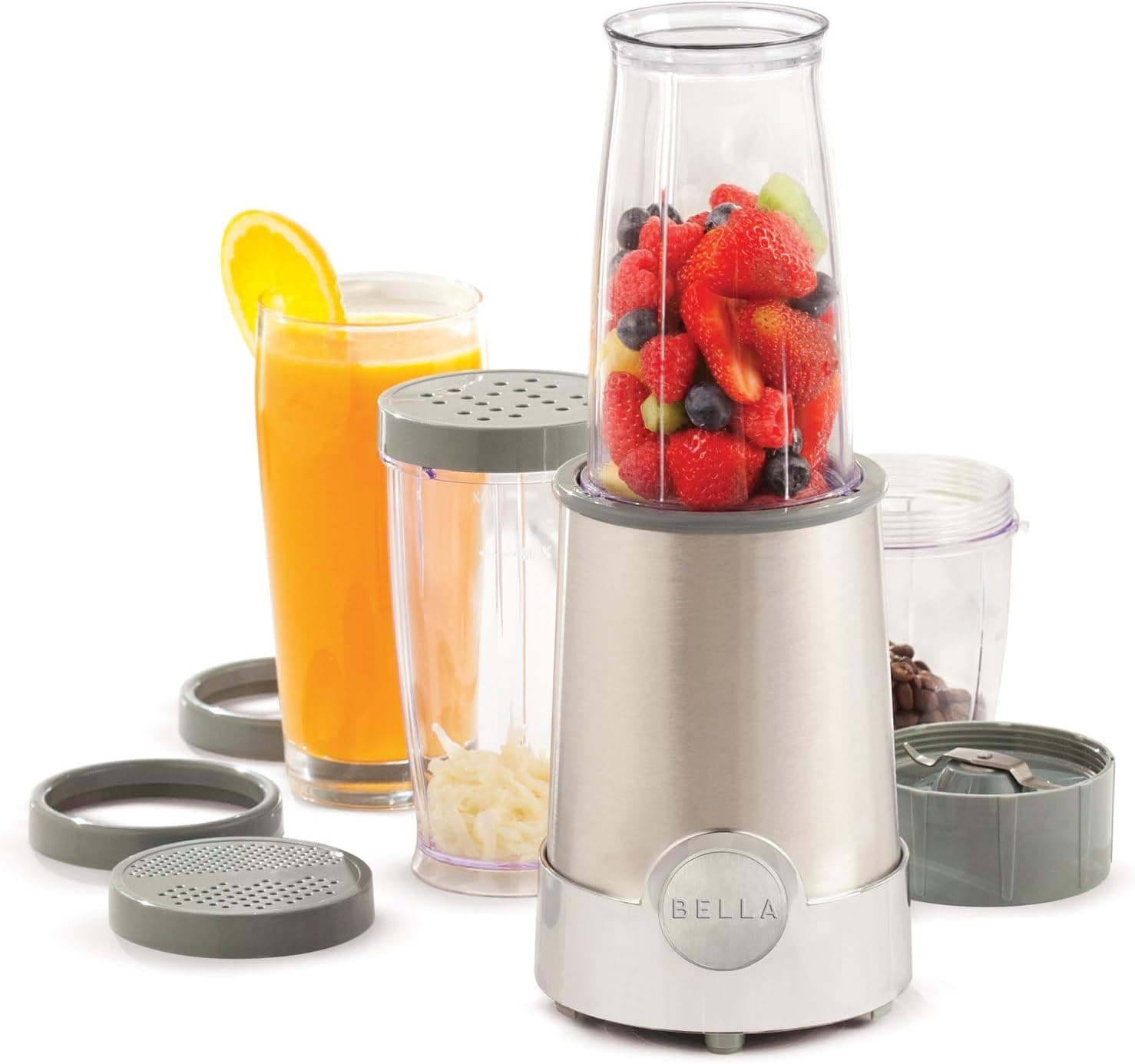 BELLA Liquidificadora Rocket de tamanho pessoal, perfeita para batidos, smoothies e bebidas saudáveis, fácil de triturar e picar, base de potência de 285 watts, 12 peças, aço inoxidável