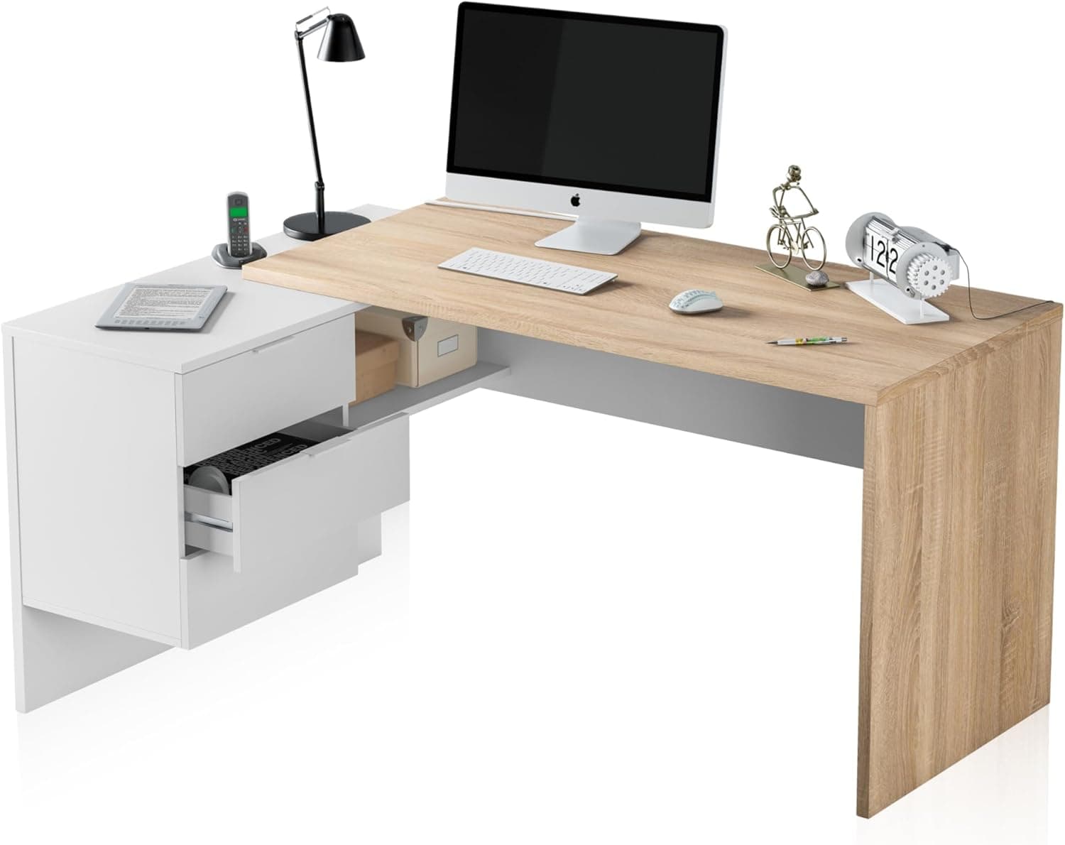 Duehome Desk | Secretária de escritório com gaveta em branco artik e carvalho canadiano 145x102x73 cm