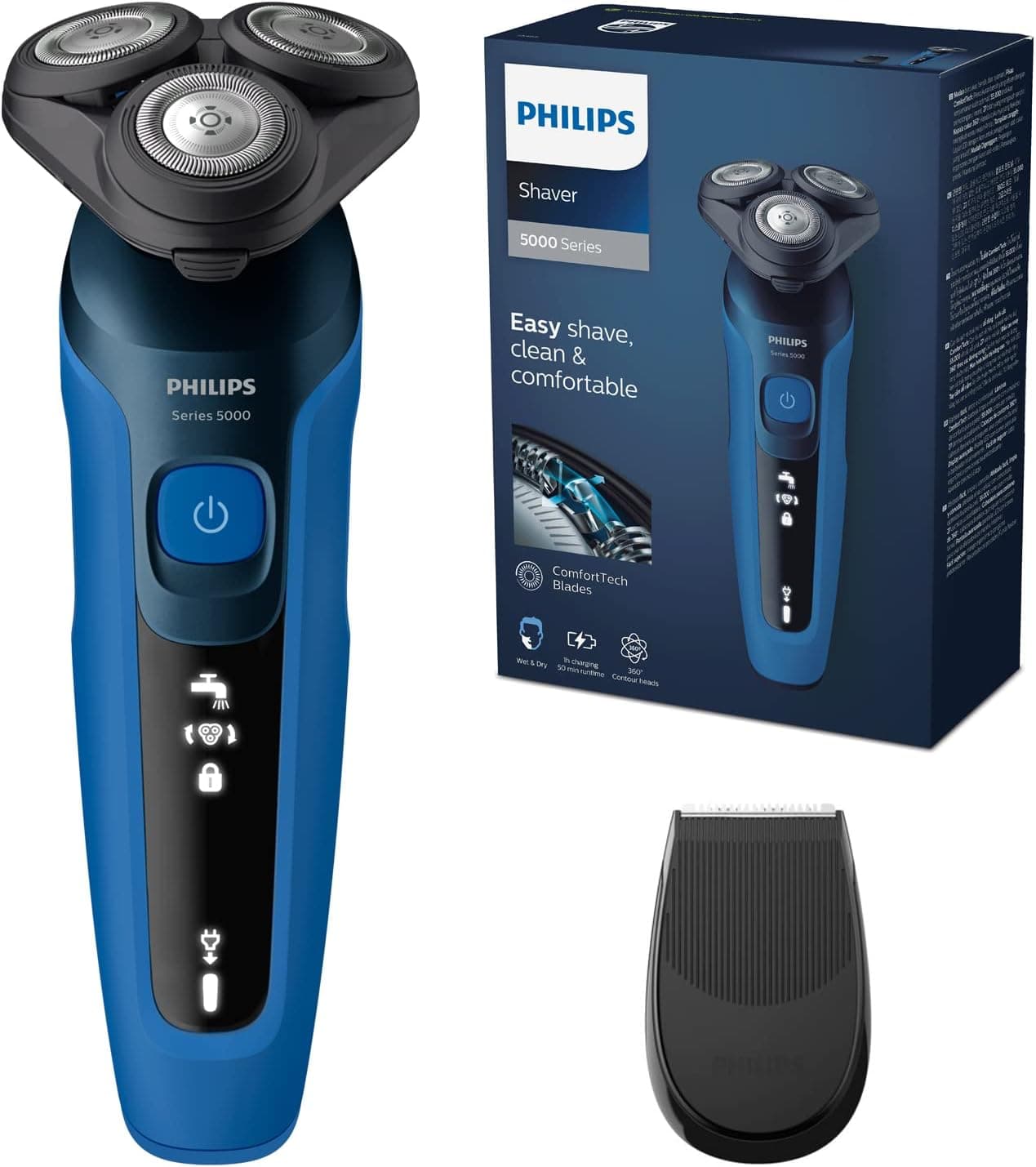 Philips Série 5000 máquina de barbear elétrica para homem, máquina de barbear com aparador, 27 lâminas, cabeça flexível de 360º, 50 min de uso, seco e húmido, recarregável, capa, S5466/18, azul preto
