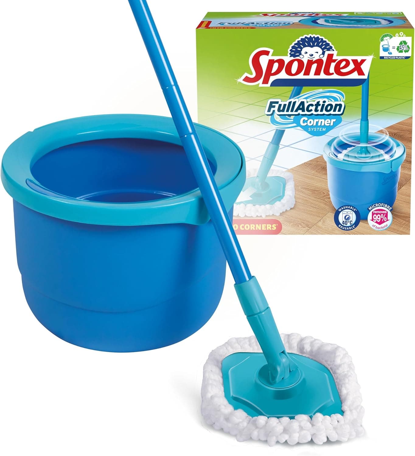 Spontex Sistema de esfregona rotativo e cubo Full Action Corner System | Chega aos cantos mais apertados, sistema fácil de drenar e enxaguar de 360°, 1 cabeça de esfregona de microfibra