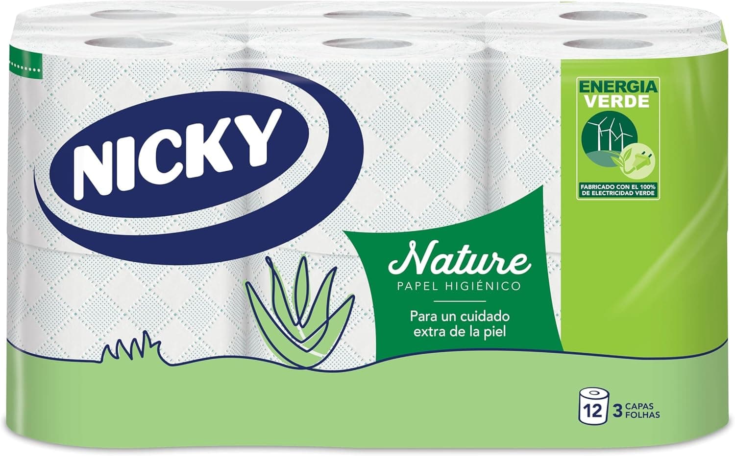 Nicky Nature Papel higiénico, embalagem de 12 rolos, 170 folhas de 3 camadas, enriquecido com loção de aloé vera, confortável e suave com a pele, embalagem reciclável, 100% celulose, certificação FSC