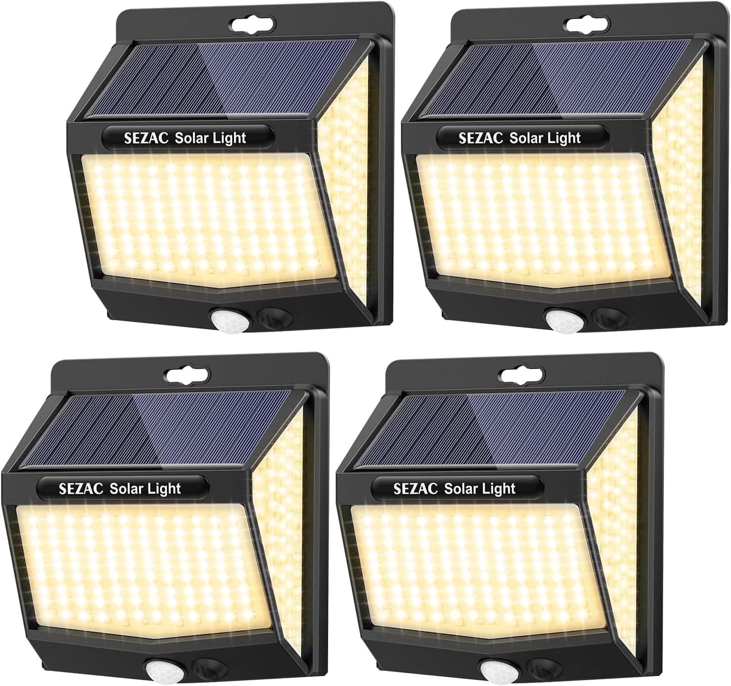 EZAC Luz solar exterior amarela quente 3000 K [4 pacotes/3 modos] 270° super brilhantes focos LED com sensor de movimento, IP65, para jardim, garagens, caminhos, portas dianteiras