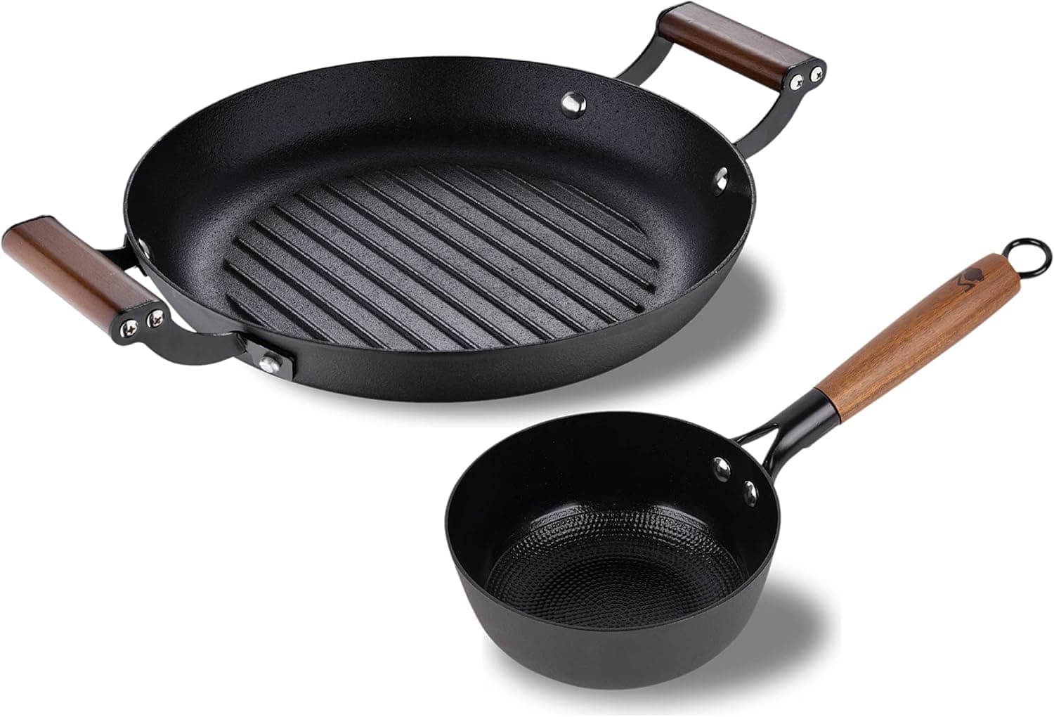 MasterPro Odin Wok de 24 cm frigideira de 28 cm | Conjunto de frigideiras antiaderentes de 2 peças, de ferro fundido, cabos ergonómicos de madeira, conjunto de frigideiras | para todos os tipos de cozinhas