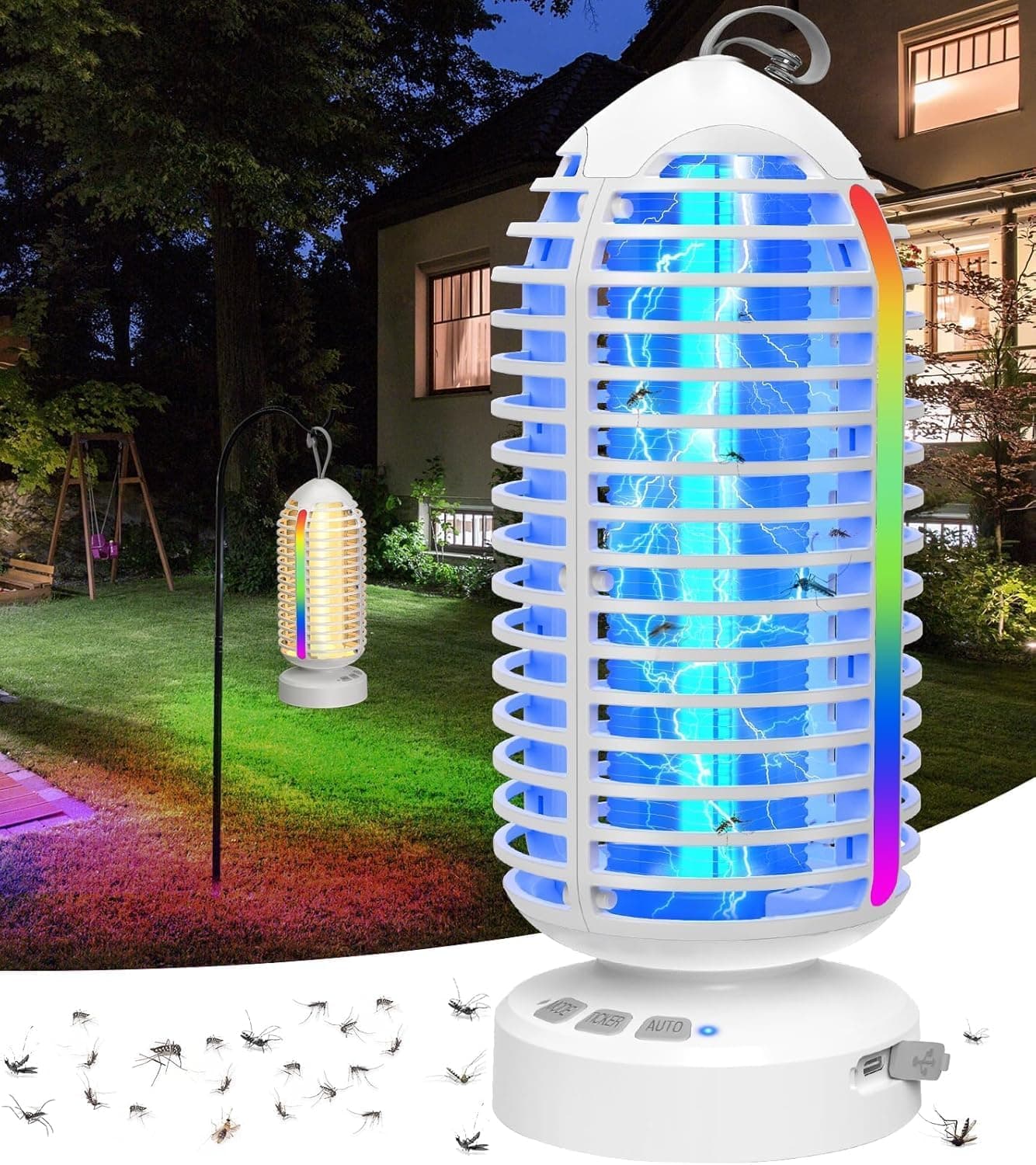 Candeeiro anti-mosquitos 2 unidades, 4000 mAh mosquitos elétrico com luz RGB, 3000 V repelente de mosquitos USB armadilha para moscas, portátil terminador para interior jardins campismo