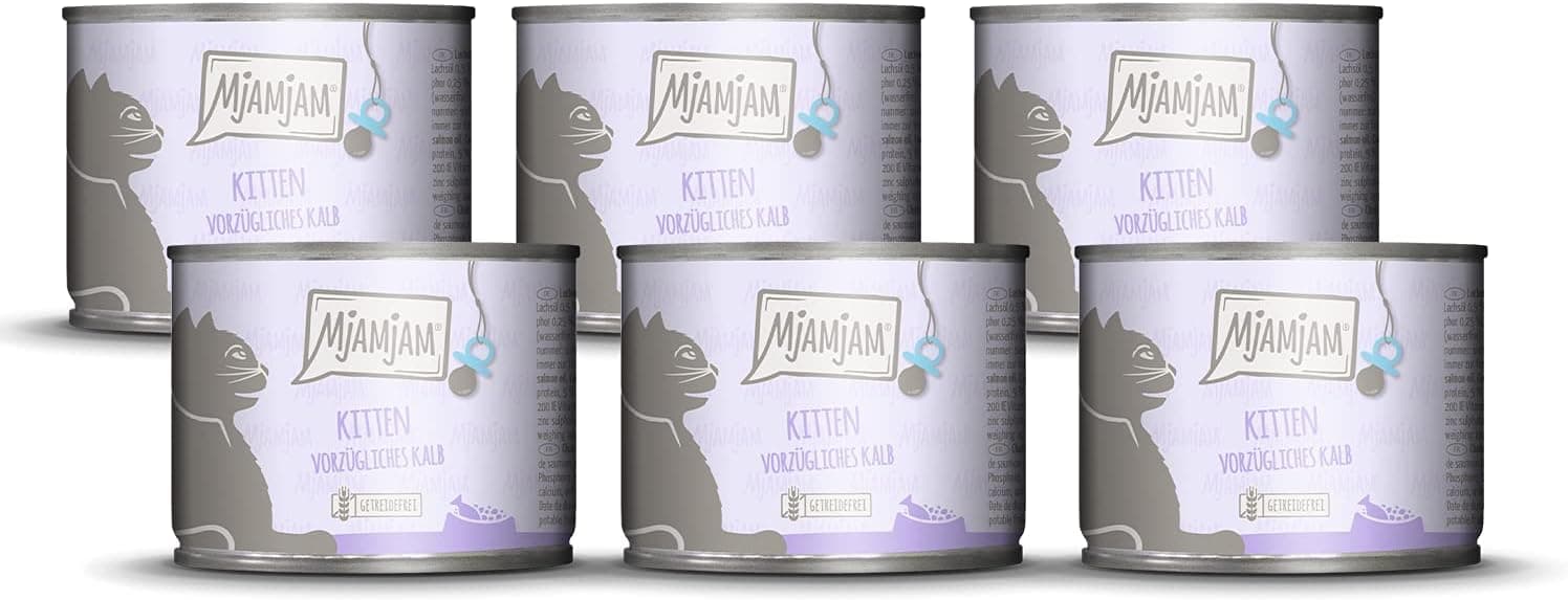 MjAMjAM - comida húmida premium para gatos - gatinho excelente vitela com óleo de salmão, embalagem de 6 x 200 g, sem cereais com extra de carne