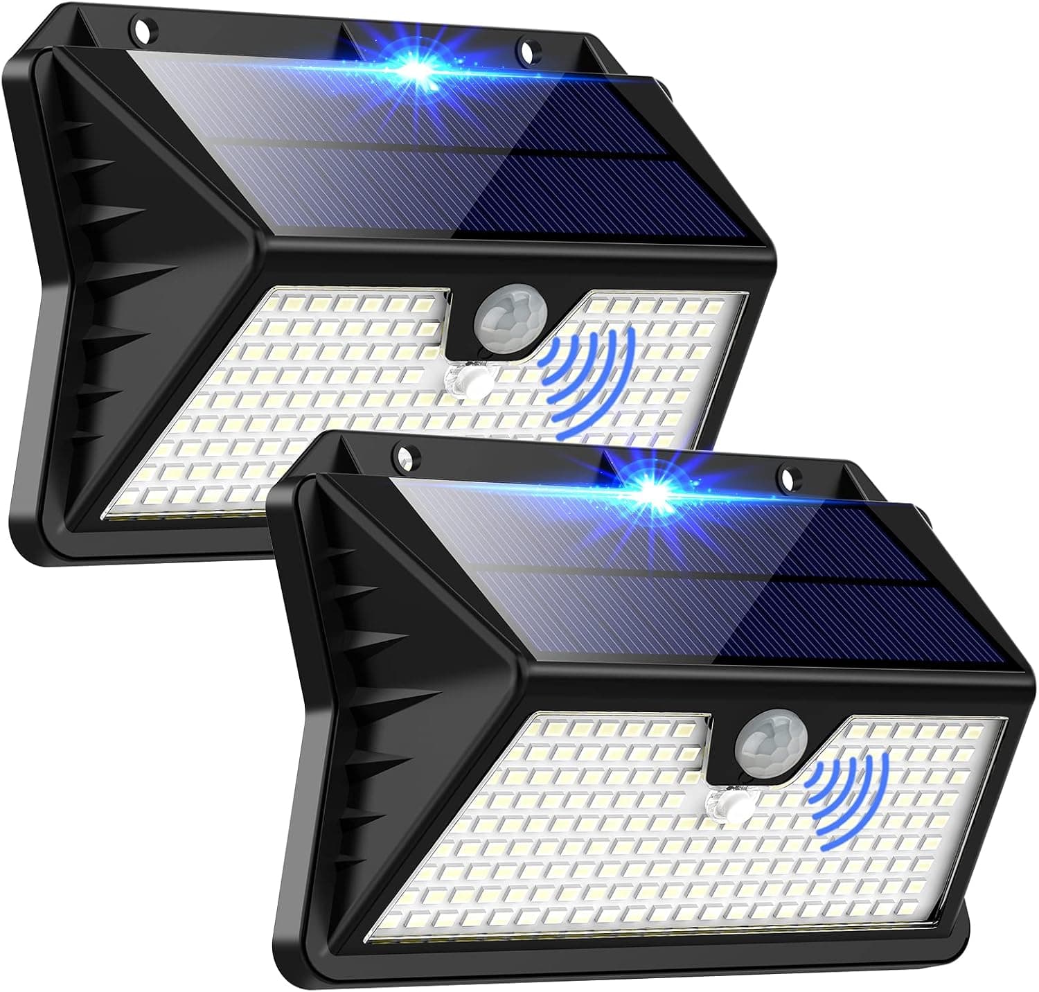 OUILA Luz solar exterior, 185 LED, 3 modos, luzes solares com sensor de jardim de movimento, holofote solar exterior IP65, impermeável para jardim, garagem, rua, pátio, portas, 2 pacotes branco frio)