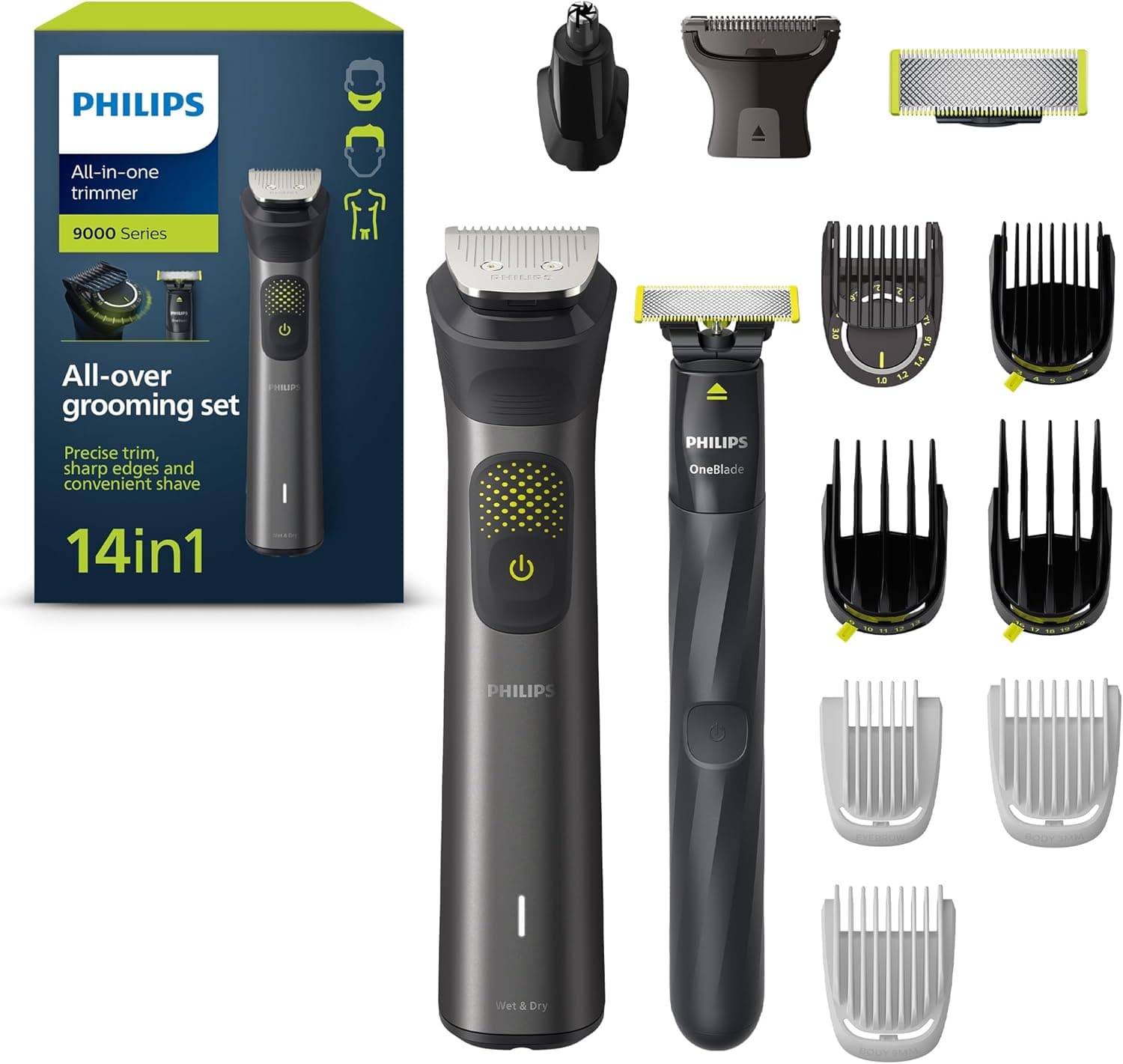 Philips Aparador de barba série 9000, máquina de cortar cabelo, corta-pelos para homem, kit 14 em 1 para rosto, cabelo, orelhas, nariz e corpo, 120 min de uso, seco e húmido, recarregável, OneBlade