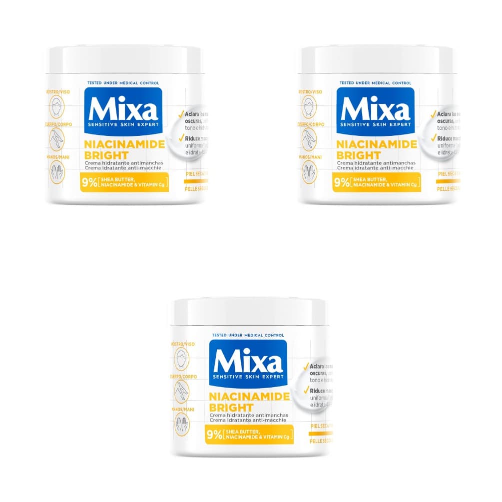 Mixa Creme corporal Niacidamide Bright para peles apagadas com 9% de [manteiga de karité niacinamida vitamina Cg]. Aclara as manchas escuras. Adequado para peles sensíveis. 400 ml.