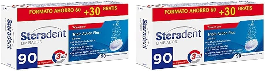 Steradent - Comprimidos limpadores de próteses dentárias Triple Action Plus - 90 x 2
