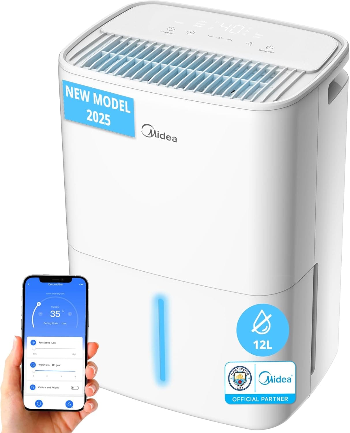 MIDEA Deshumidificador de humidade silencioso de 12 l com controlo de APP até 35 m2, desumidificadores para humidade em quarto com depósito removível, desumidificador elétrico pequeno baixo consumo