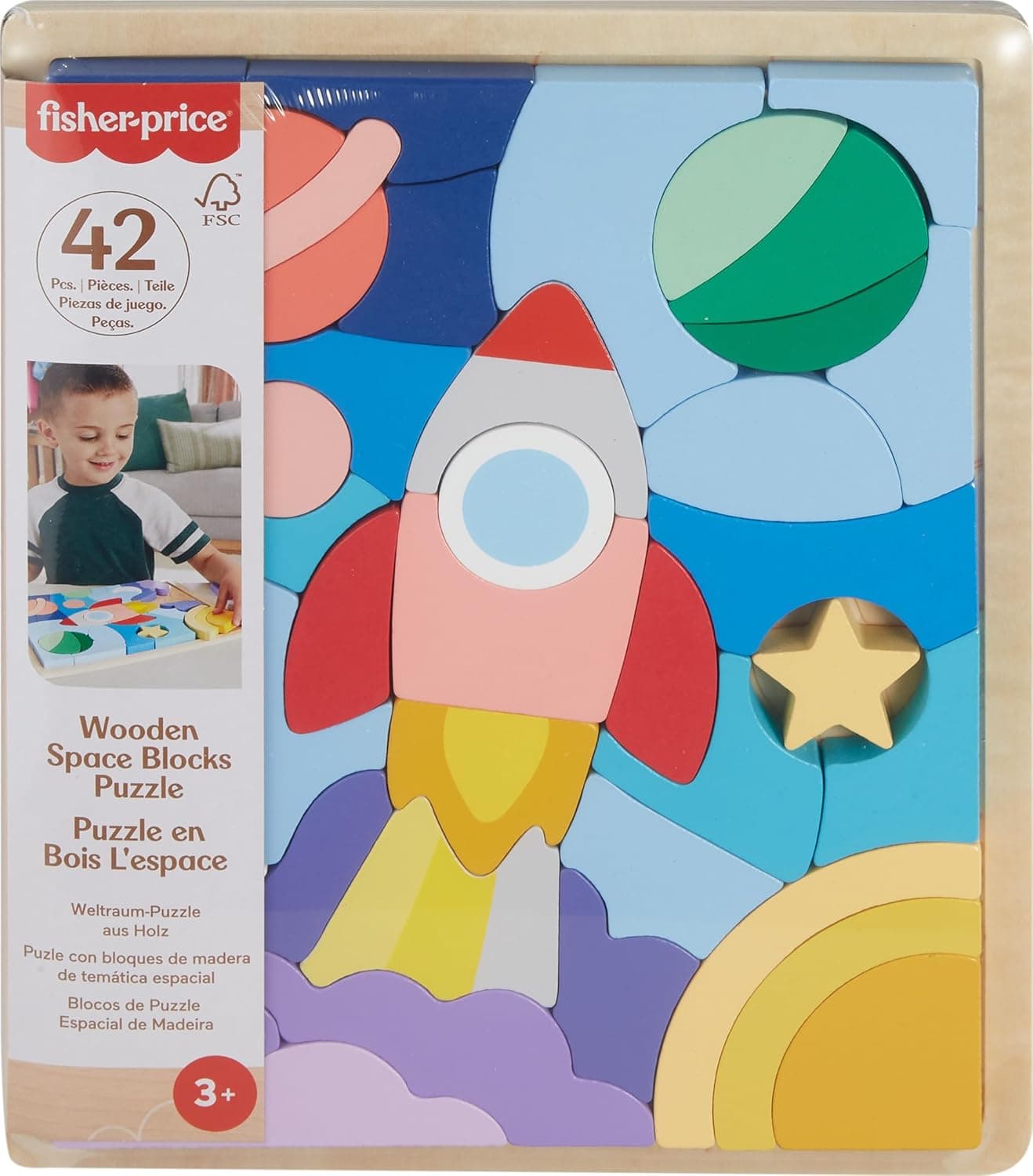 Fisher-Price Puzzle espacial de madeira com 42 peças fabricadas em material certificado FSC que formam um foguete, conjunto inspirado em Montessori + 3 anos (HXY42)