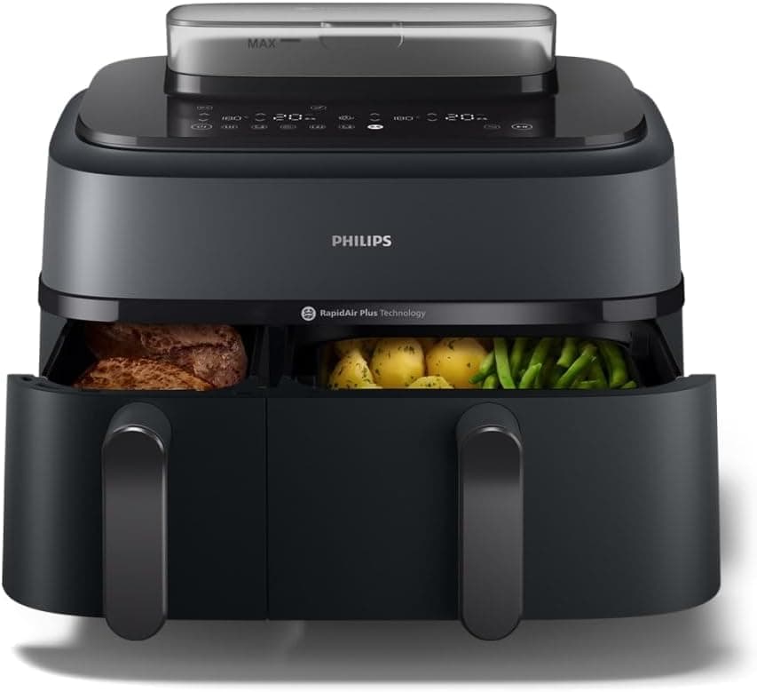 Philips Airfryer 5000 Dual Basket com vapor - 9 L, tecnologia RapidAir Plus, 19 funções em 1, 90 % menos gordura, Air Steam, 2 cestas, 2 tamanhos, cozinha a vapor, acessórios (NA550/00)