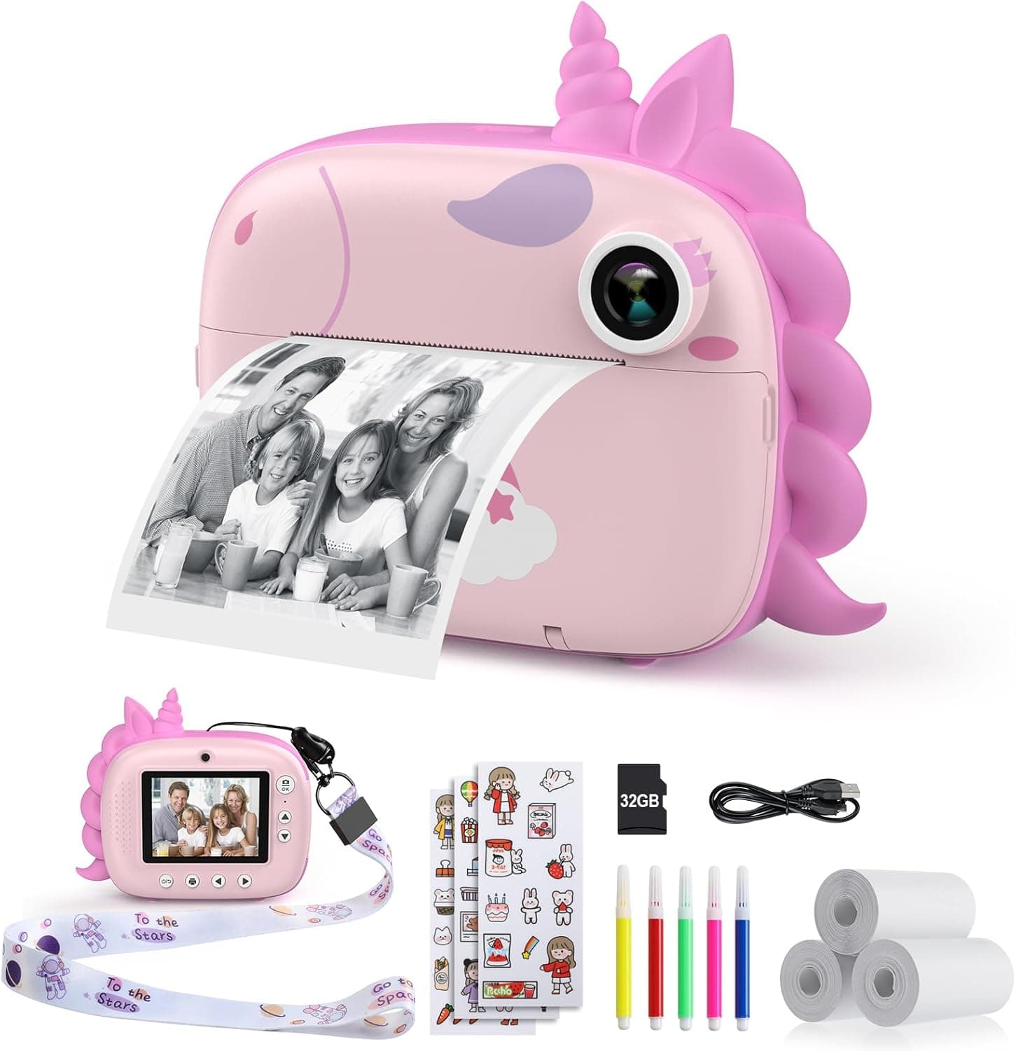 HiMont Câmara de fotos instantâneas para crianças com papel de impressão e cartão SD de 32G, 20MP, câmara de fotos para crianças com canetas coloridas, presente para crianças de 3 a 14 anos (rosa)