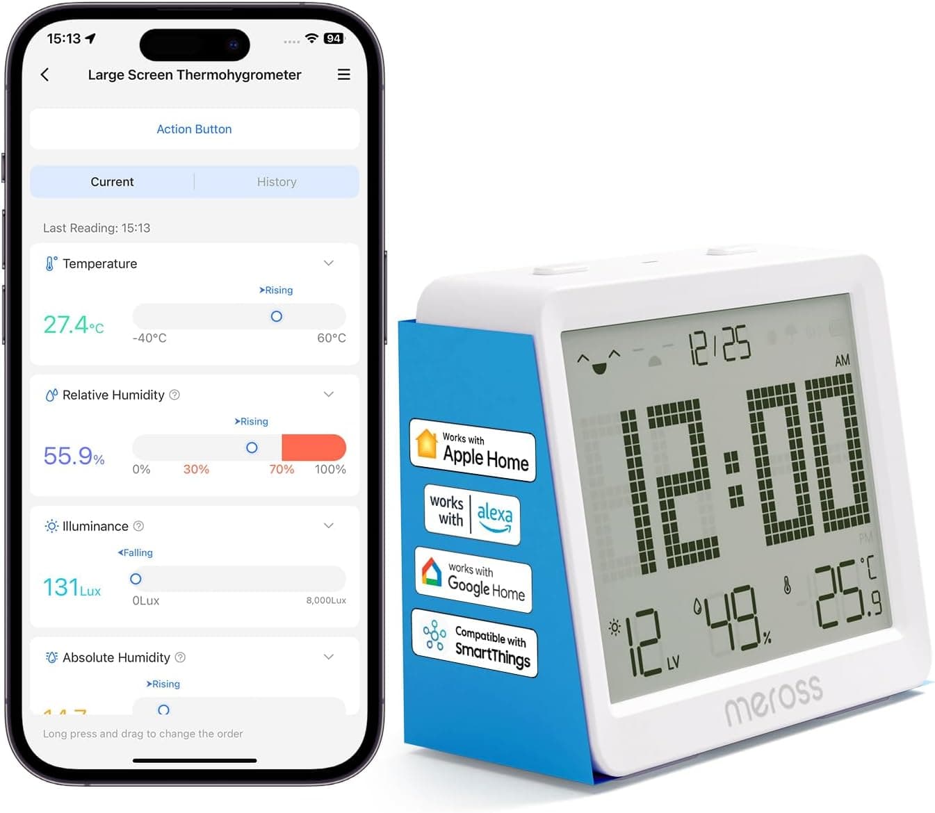 Meross WiFi Termómetro higrómetro inteligente com ecrã grande, sensor de temperatura humidade suporta alerta e notificação, compatível com Matter, Apple HomeKit, Alexa e Google Home (requer hub)