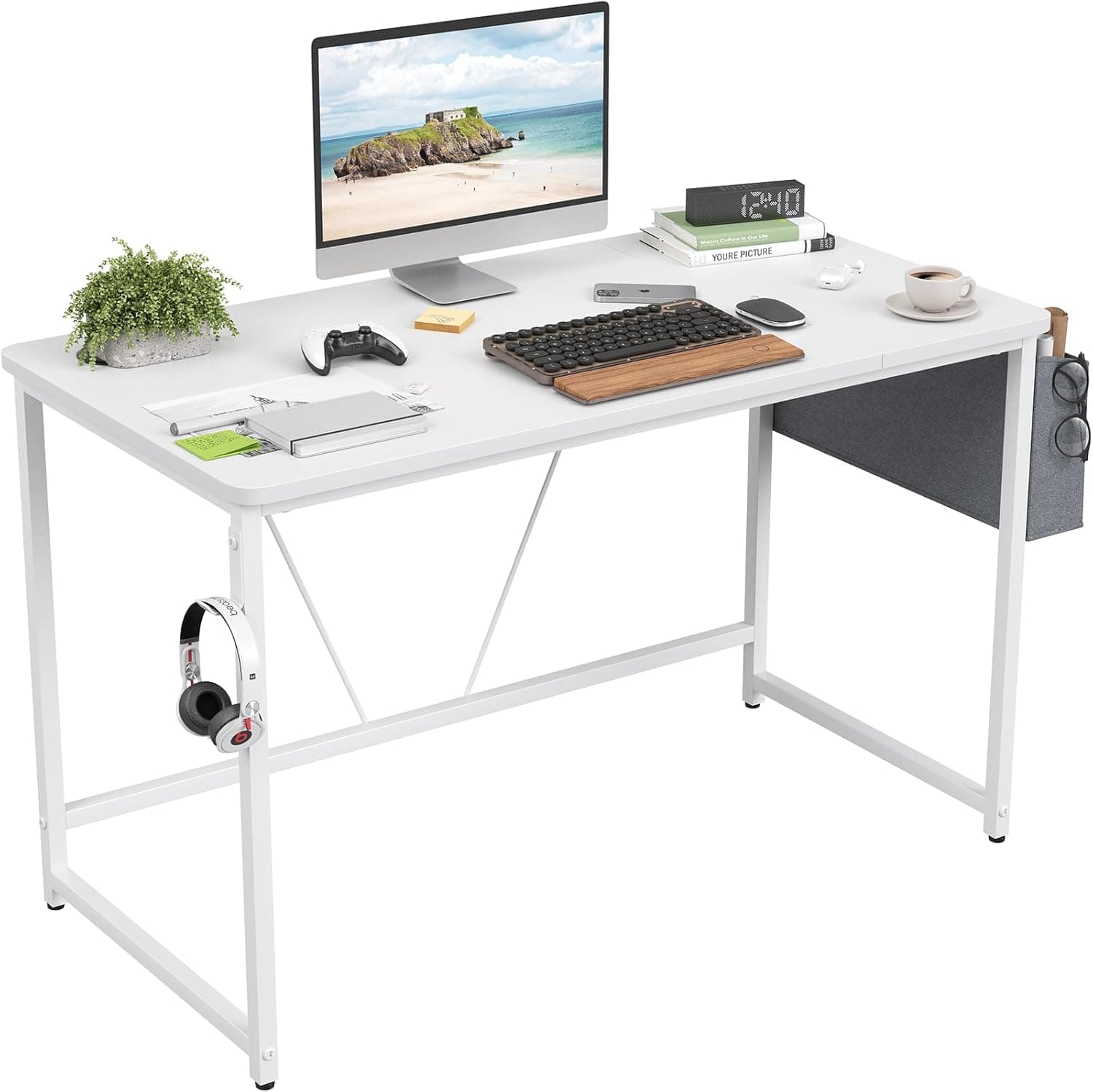 Sunon Mesa de computador com saco de armazenamento, adequada para pequenas tabelas de aprendizagem, secretária, 120 x 60 cm, cor branca