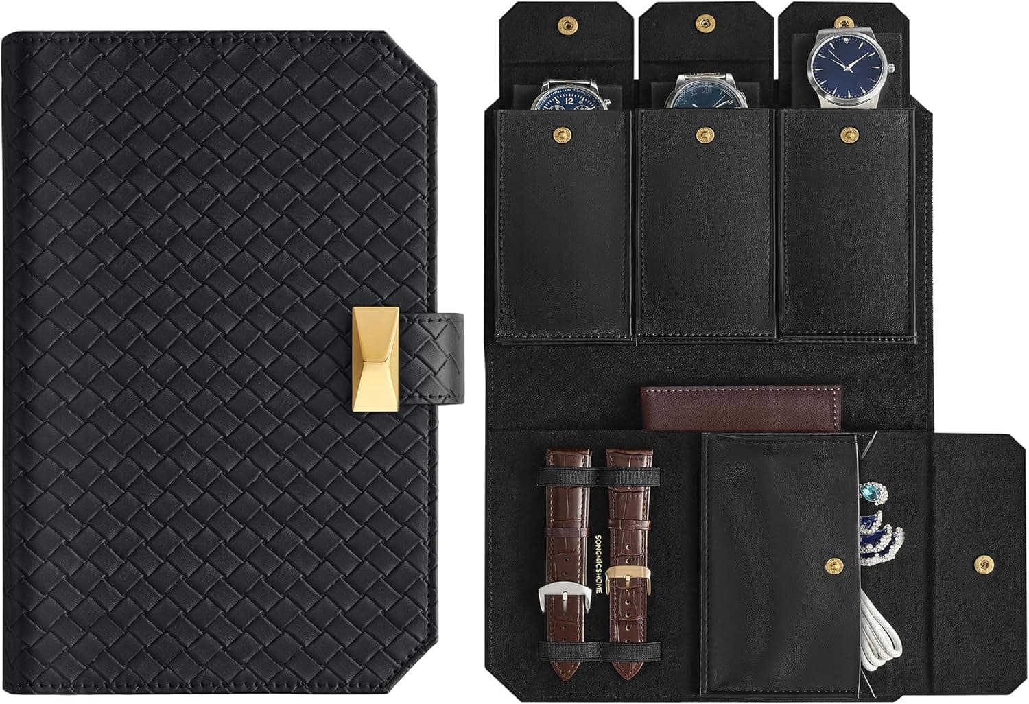 SONGMICS HOME RONNE Bolsa organizadora para 3 relógios, tecido PU estampado, 22 x 14,5 x 4,5 cm