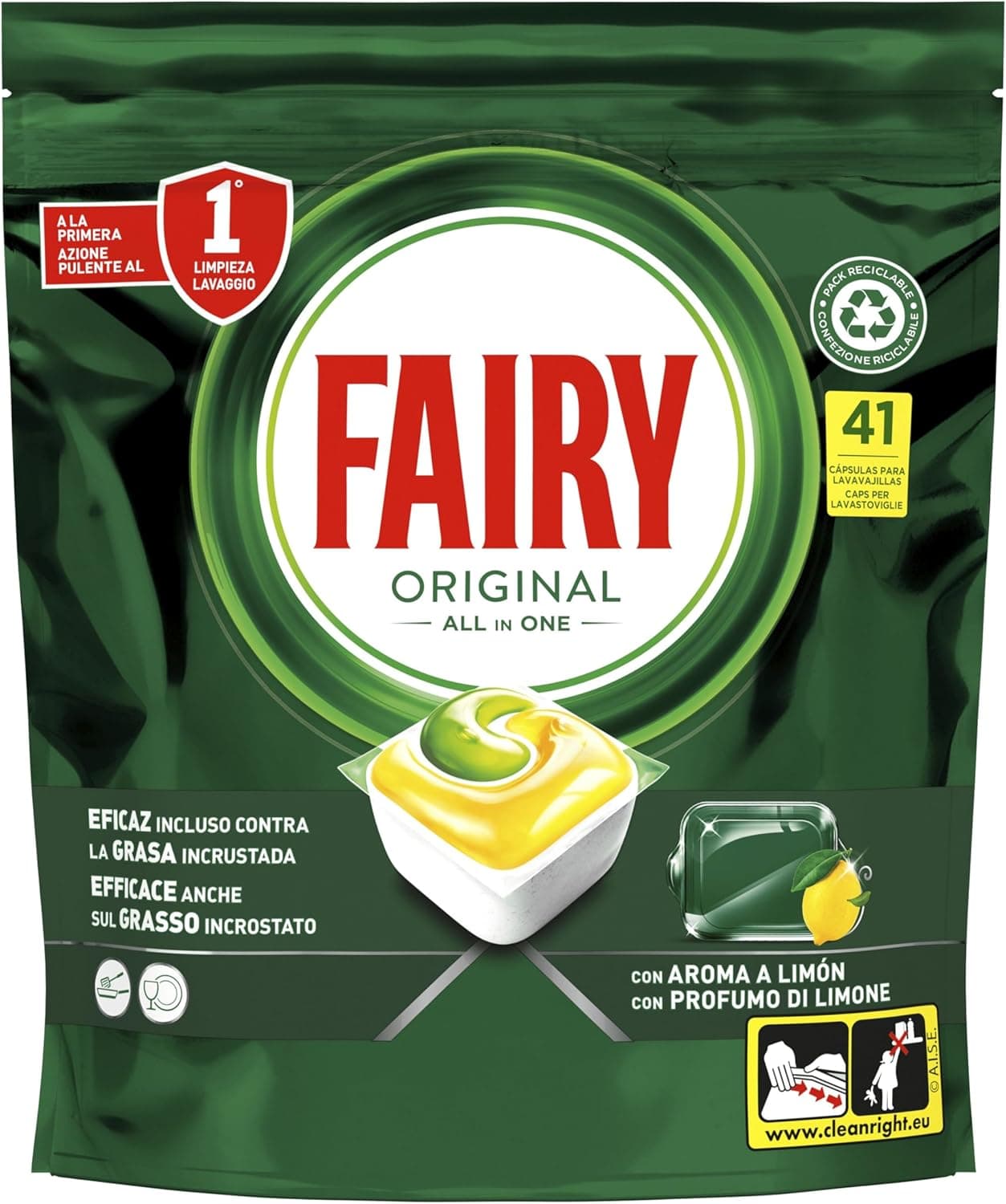Fairy Original All In One | Cápsulas para máquina de lavar loiça com aroma a limão, 41 unidades