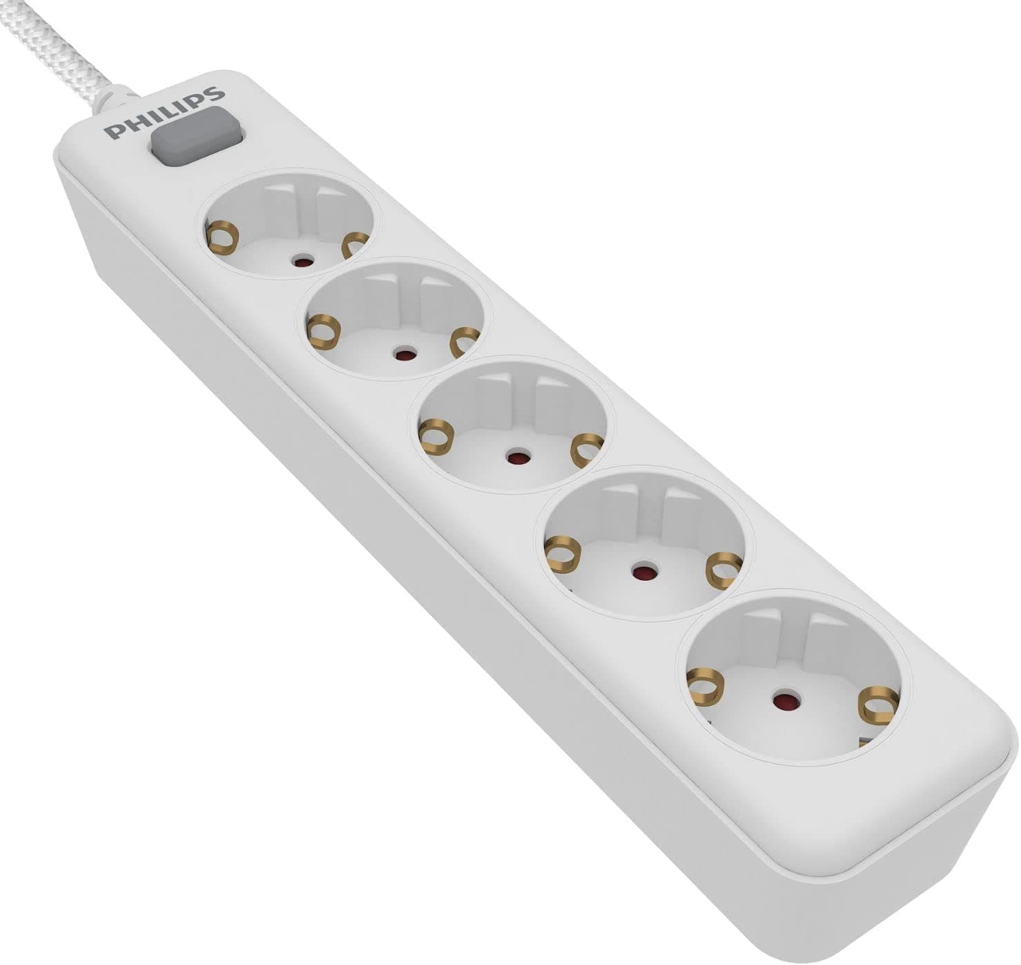 Philips SPN1152WA/10 Extensão de 5 tomadas Schuko, interruptor ligado/desligado, cabo de alimentação entrançado de 1,5 metros (alta resistência) - cor branca