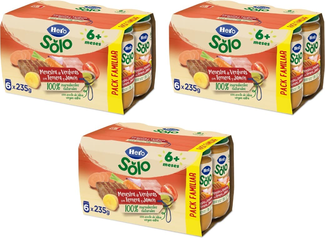 Hero Baby - Barrinhos de mesa de legumes com vitela e presunto, sem adição de sal, sem amido, sem óleo de palma, ingredientes 100% naturais, 235 g x 18