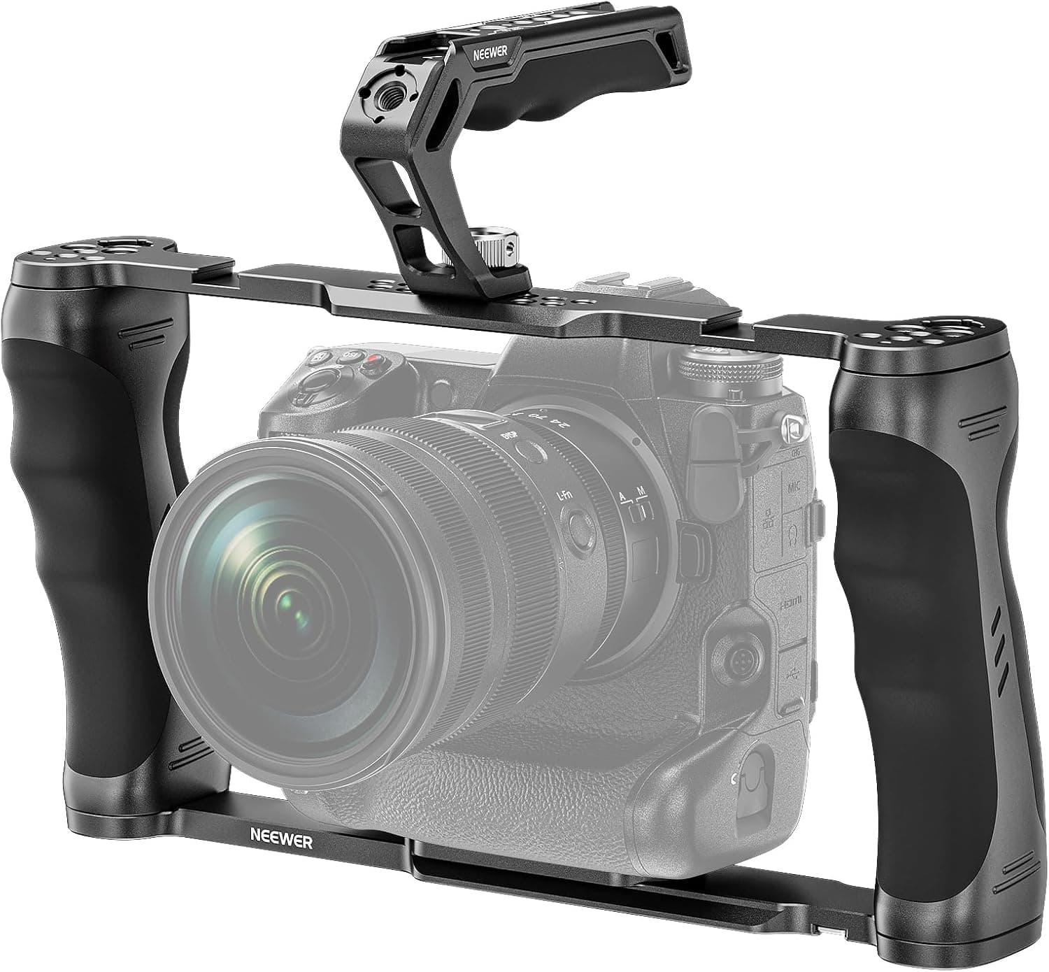 NEEWER Câmara Cage universal e Top Handle com kit de pinos de localização ARRI de 3/8", estabilizador de câmara vídeo Rig com base tipo arca, punhos duplos, compatível com SmallRig acessório, CA016T