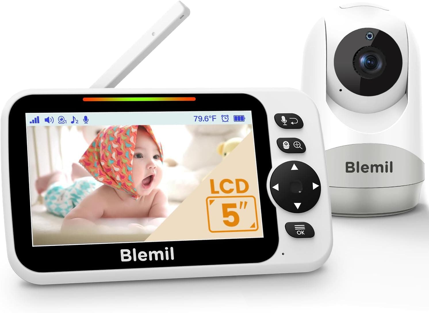 Monitor para bebés com bateria de 30 horas, monitor para bebés de vídeo de ecrã grande de 5 polegadas com câmara e áudio, visão noturna, lulabies, sem WiFi