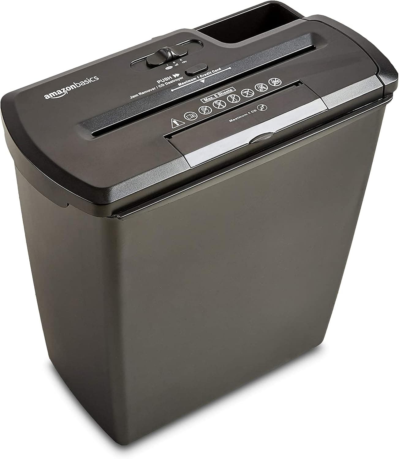 Amazon Basics Destruidor de papel, cartões de crédito e CD com recipiente separável cortado em tiras, capacidade de até 7 - 8 folhas preto, 32,5 L x 16,5 W x 33 H cm, 2,8 kg