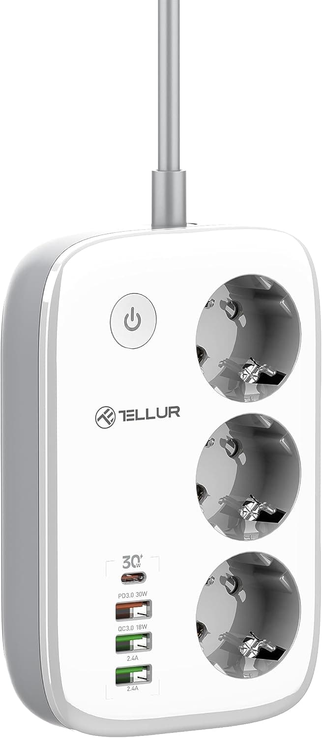 TELLUR SMART Tomada inteligente WiFi, tomada Alexa, tomadas inteligentes WiFi compatível com Alexa, Google, sua, SmartLife 3 x tomas, 1 x PD30W, 1 x USB QC18W 2 x USB 2.4A, cabo de 2 m, 25 00W
