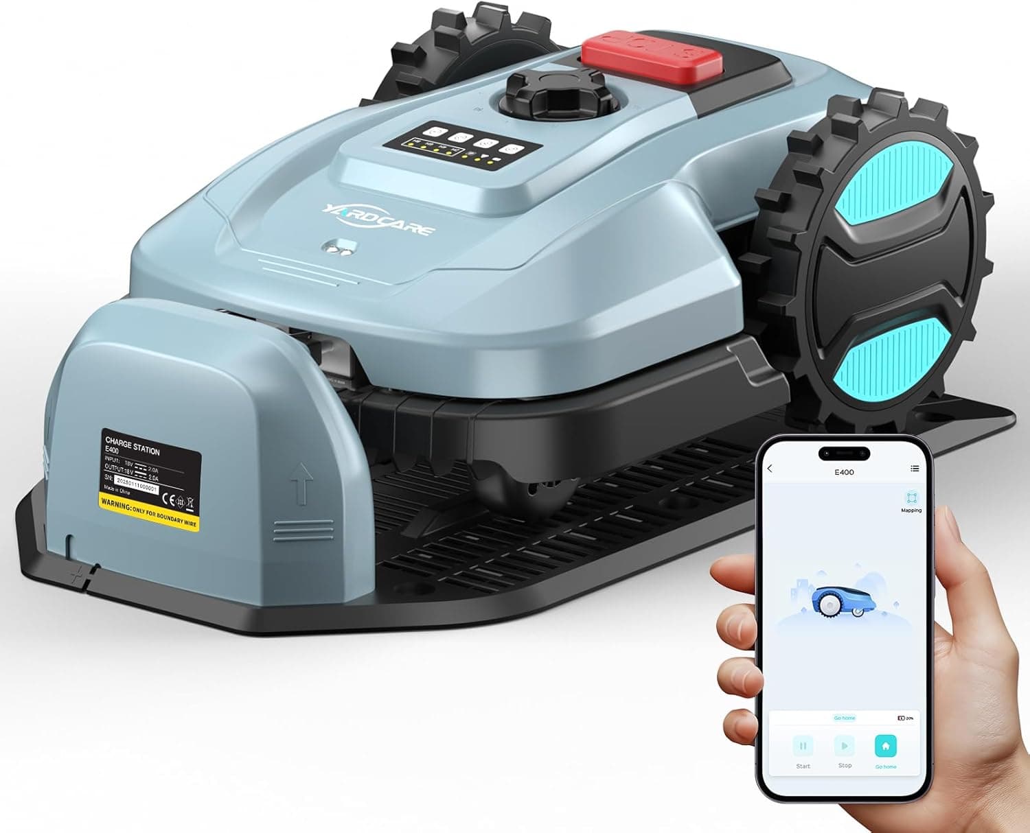 YARDCARE E400 Robot corta-relvas, controlo por App, até 400 m², carregamento automático, sensor de chuva, menos de 60 dB, largura de corte 18 cm, altura ajustável 20 – 60 mm
