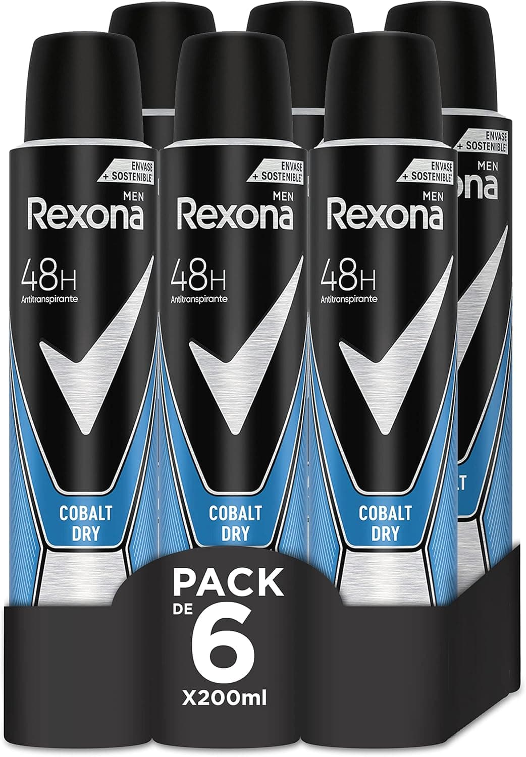 Rexona Desodorante aerossol antiderrapante para homem Cobalt Dry 200 ml, embalagem de 6, a embalagem pode variar