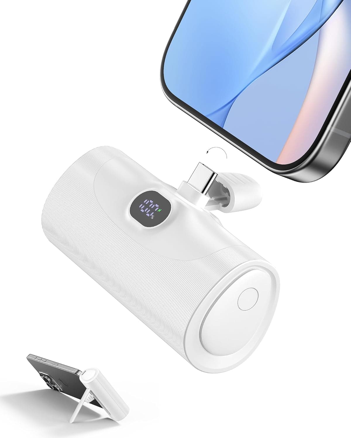 Mini bateria externa universal carregamento rápido Power Bank, carregador portátil móvel 5000 mAh com suporte integrado, Powerbank conector USB-C dobrável compatível Samsung iPhone 15/16 Android