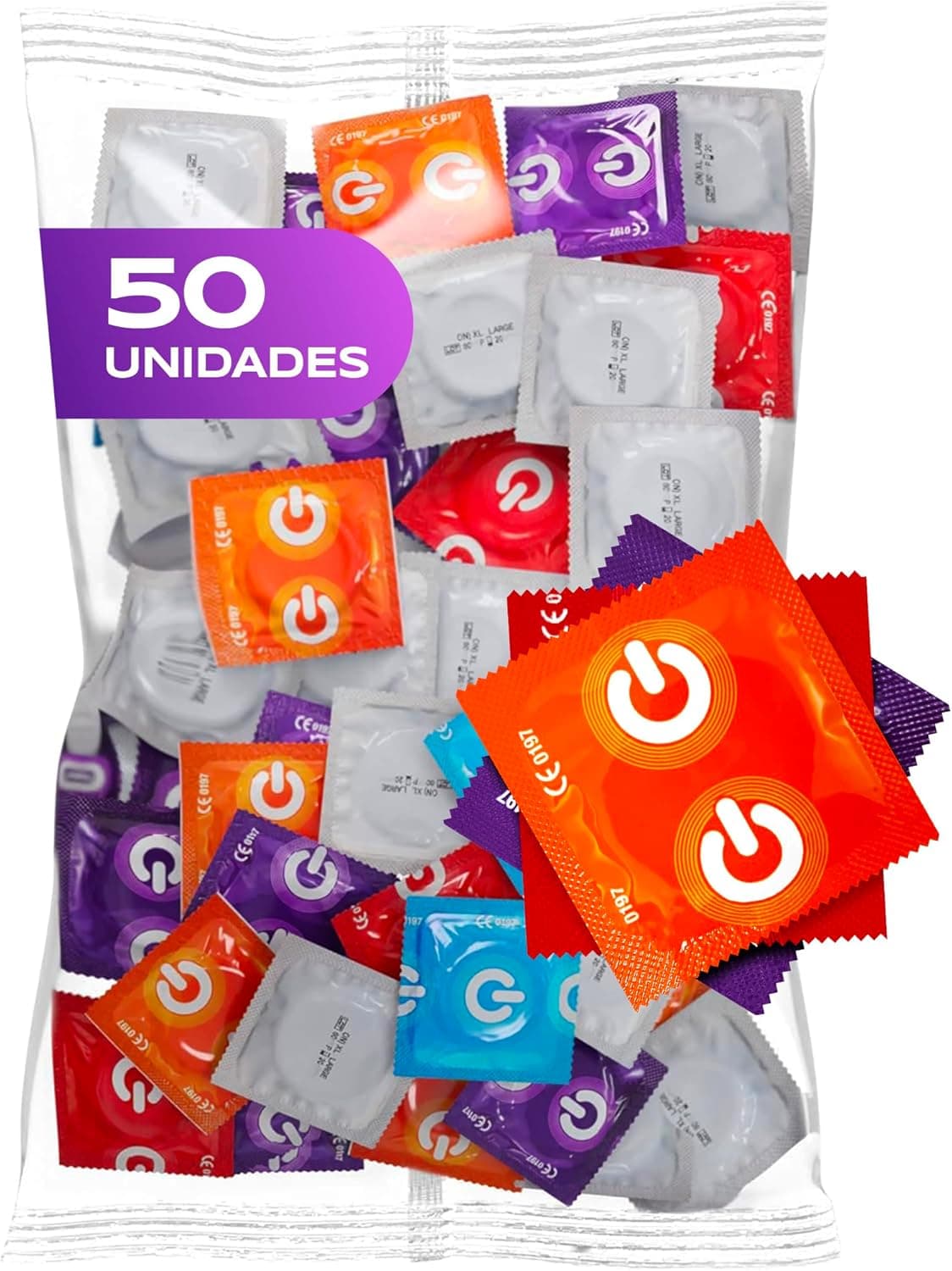 ON) Mistura de preservativos I embalagem de 50 I preservativos premium 7 tipos e tamanhos com 54 mm de largura I 10 x extra finos, naturais e texturizados I 5 x extra fortes, com aroma de morango