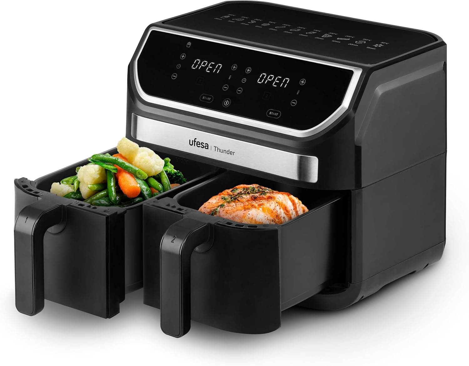Ufesa Thunder Frigideira de ar sem óleo com 2 baldes, 9L (4,5 L + 4,5 L), 11 programas, 1700 W, controlo digital, temporizador, temperatura 80 ºC - 200 ºC, antiraderente, exclusivo da Amazon