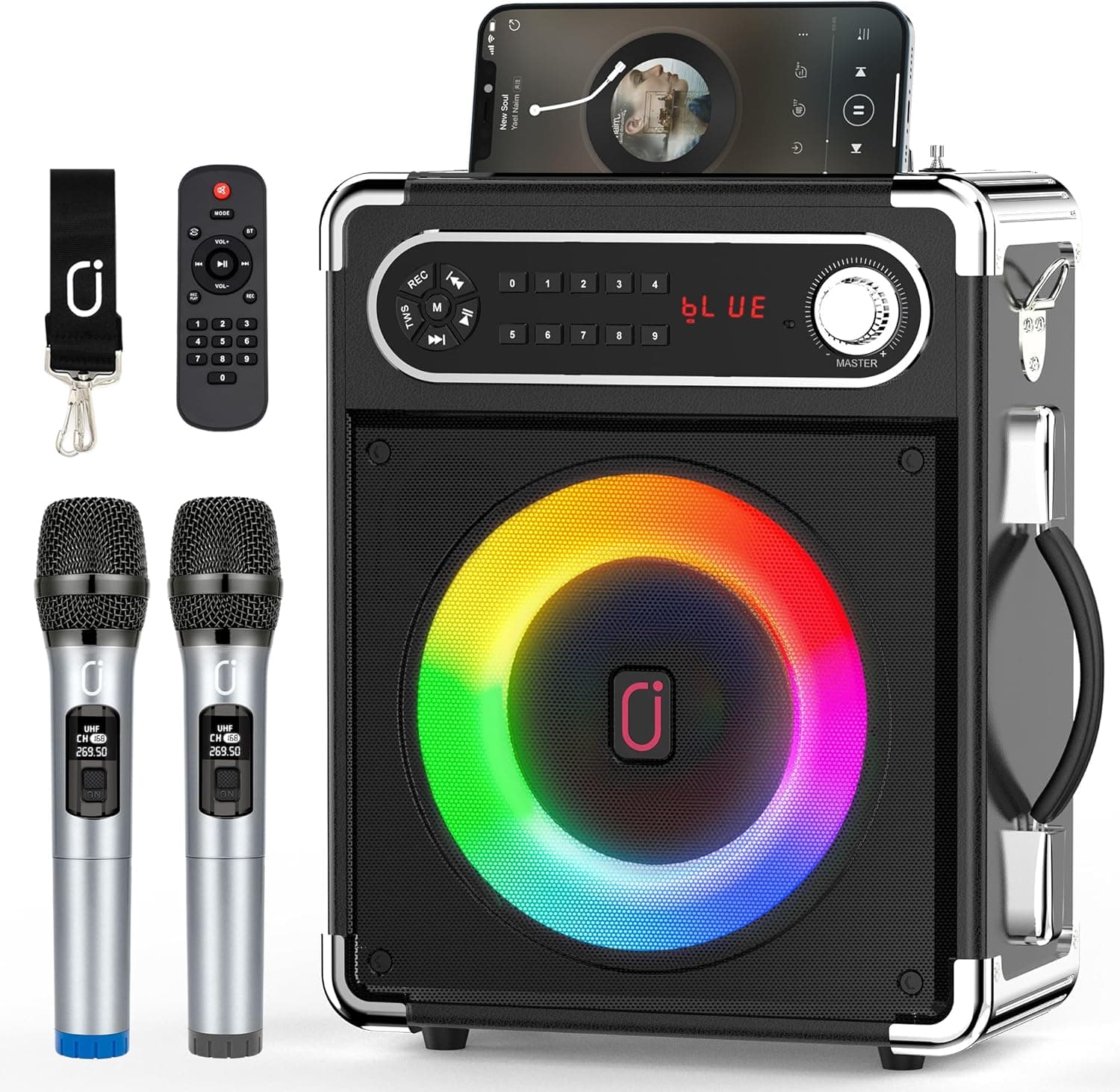 JYX Coluna Karaoke com 2 microfones sem fios, máquina de karaoke portátil com luzes de DJ, altifalantes Bluetooth sistema PA suporte FM/USB/TF Card/REC/AUX para festa