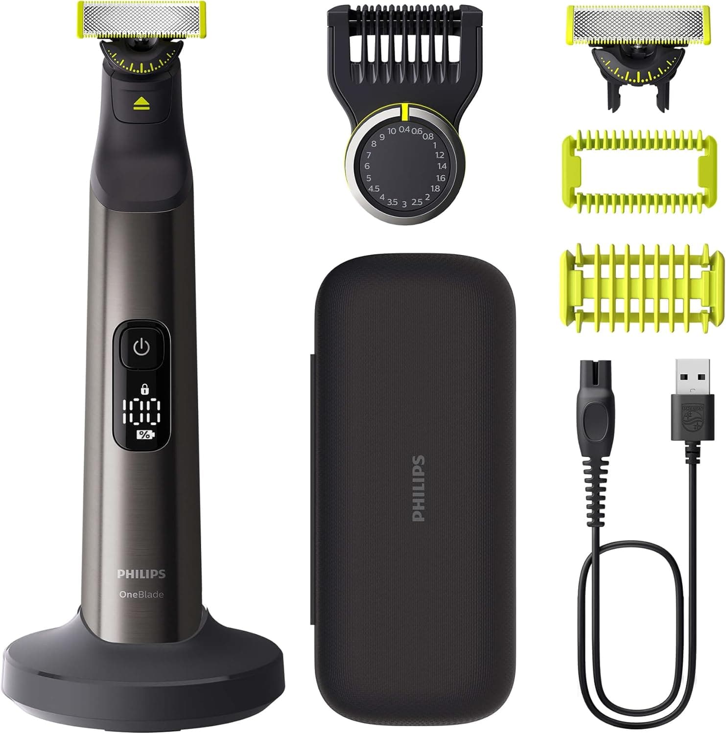 Philips OneBlade Pro 360 Barbeiro, máquina de barbear e aparador elétrico facial e corporal, 2 lâminas de 360º, pente de 14 comprimentos, kit corporal, suporte de carga, capa de viagem, preto, QP6652