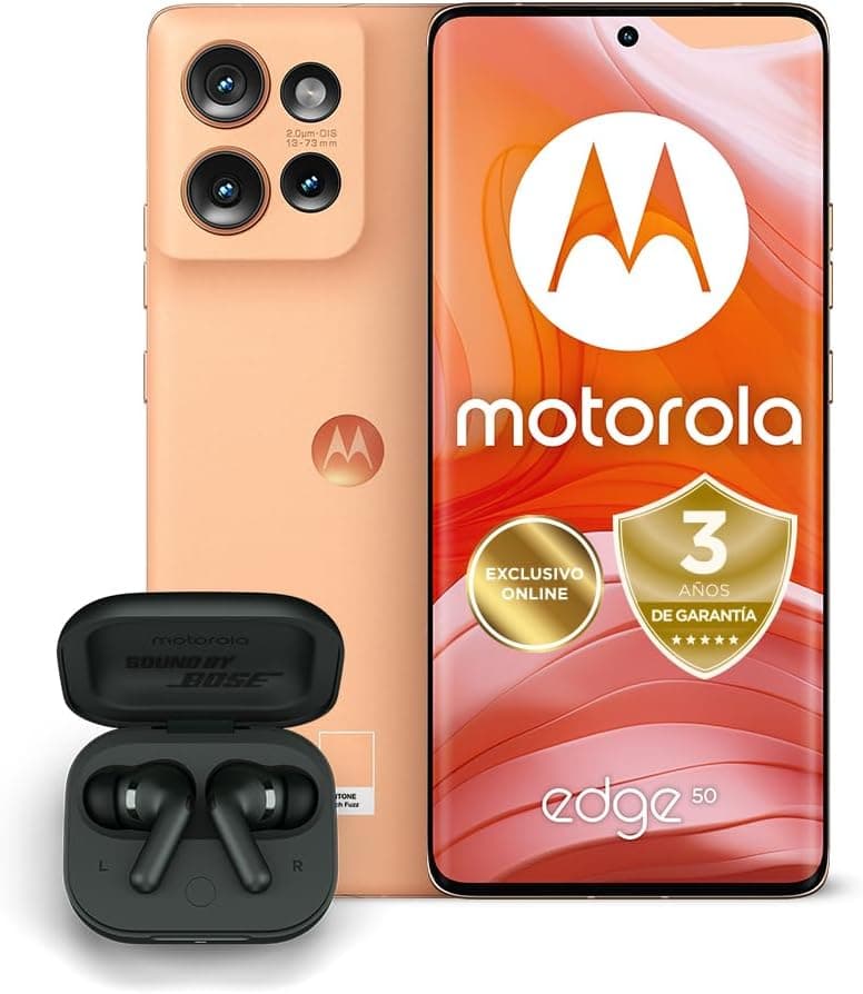 Motorola Edge de 50,24 GB (12 GB RAM Boost)/512 GB, laranja + Moto Buds+ Sound by Bose. Certificação militar de durabilidade, ecrã 6,7" pOLED 1,5 K, câmara 50 MP e Zoom 3X, TurboPower de 68 W, capa
