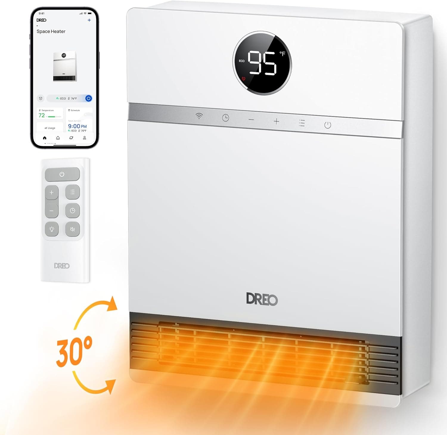 Dreo Convetor de parede inteligente, saída de ar a 30°, 2000W, termostato ajustável, controlo remoto, temporizador semanal, aquecedor de fácil montagem para interiores, compatível com Alexa
