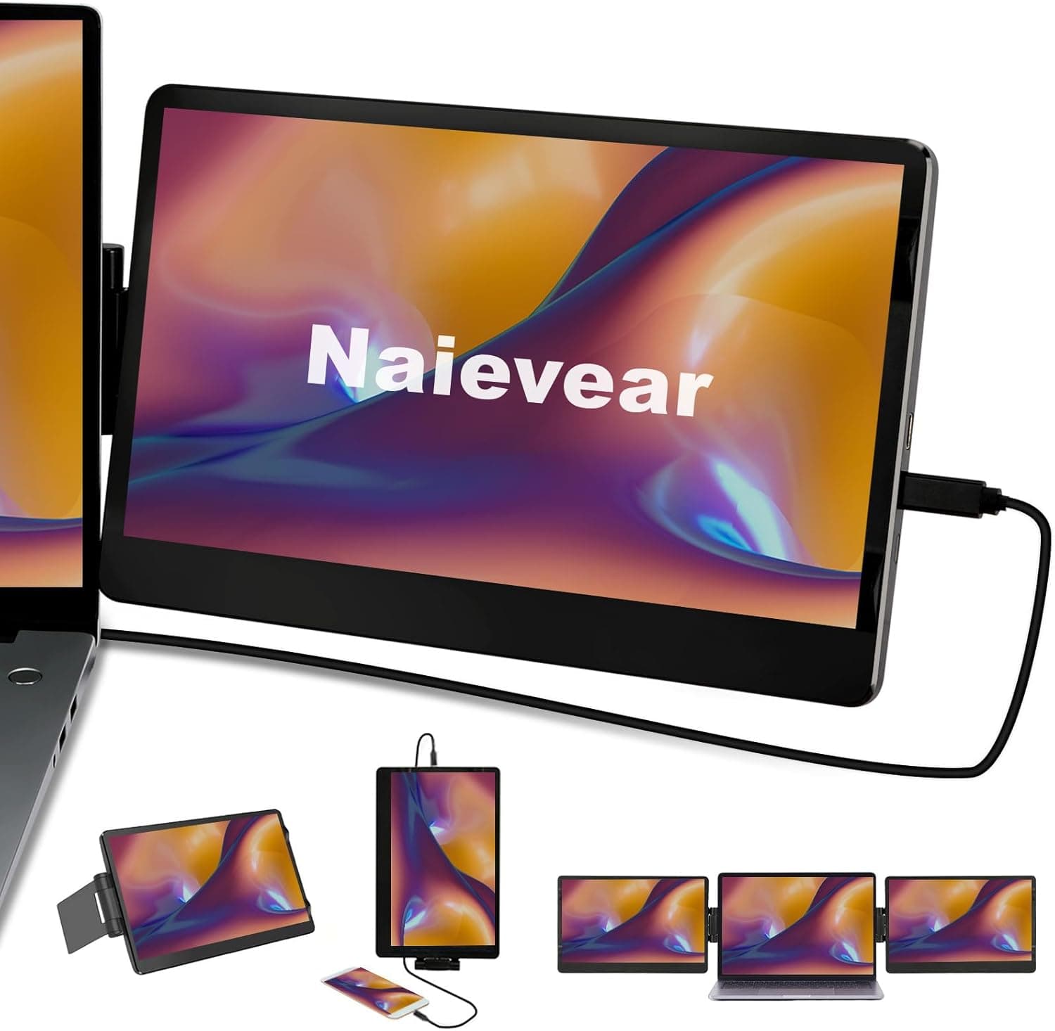 Naievear Monitor portátil, 14,1 polegadas, 1920 × 1080P FHD IPS monitor de ecrã para computador portátil com HDMI/Tipo-C/USB-C, segundo ecrã externo para portátil/PC/Mac/PS3/4/5/Xbox