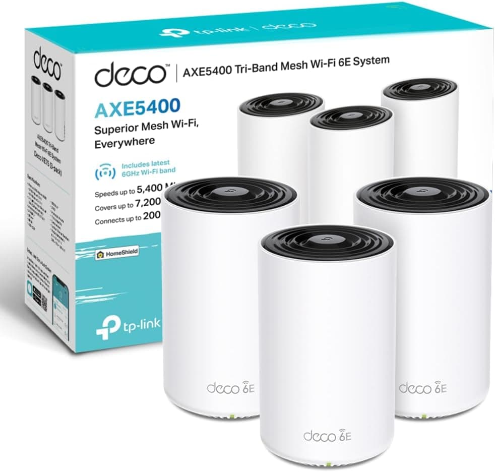 TP-Link Deco XE75 Mesh WLAN Set (pacote de 3), router e leitor de tribanda Wi-Fi 6E, AXE5400, 3 portas Gigabit para cada unidade, para casas de 4 a 7 quartos, proteção juvenil integral, WPA33 12