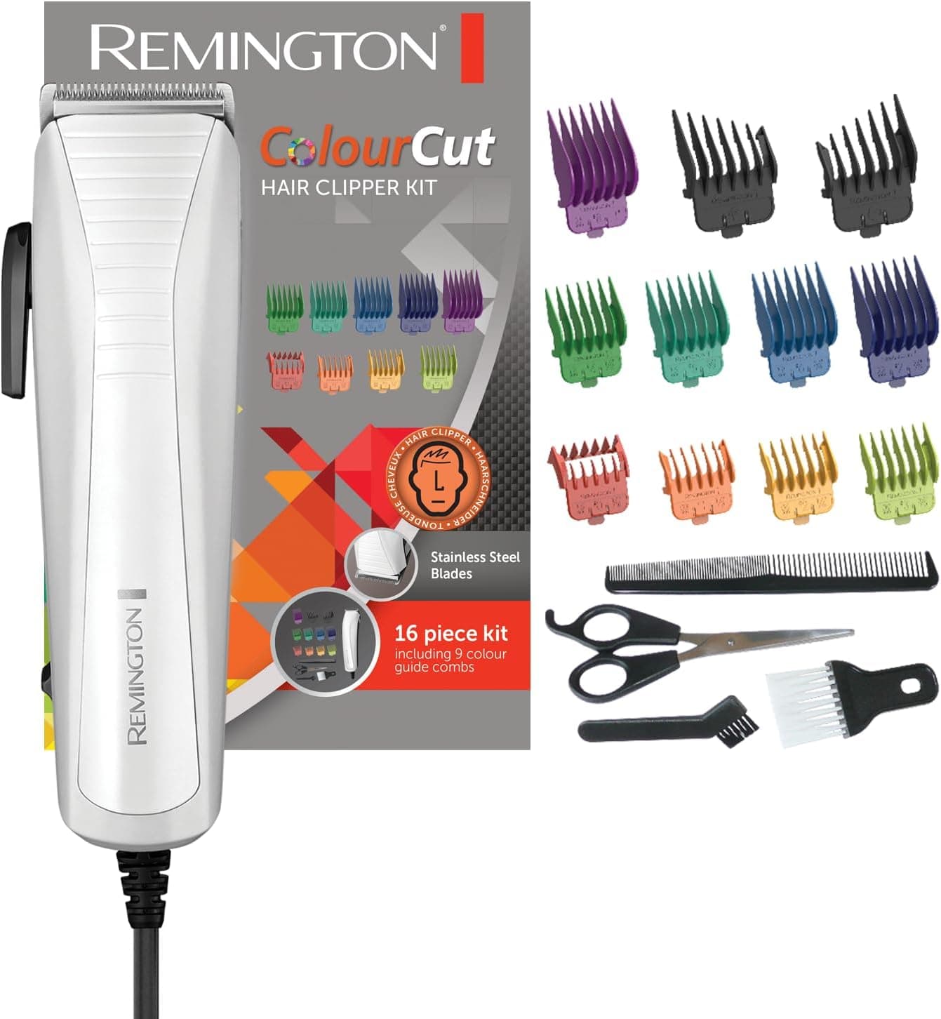 Remington Máquina de cortar cabelo ColourCut - corta-pelos com cabo, lâminas de aço inoxidável, 9 pentes, alavanca seleção comprimento, 4 acessórios: Tesouras, pente, escova limpeza e pescoço - HC5035