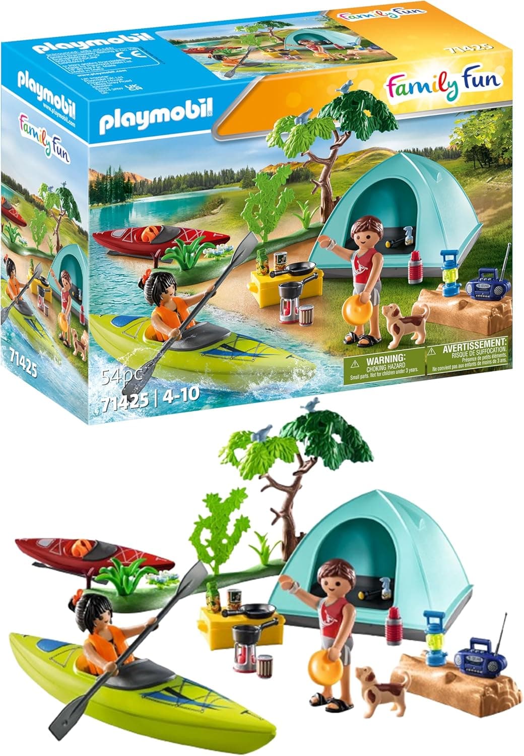 PLAYMOBIL Family Fun 71425 Camping com fogueira, aventura ao ar livre no campismo, incluindo canoagem e fogueira, férias na natureza, brinquedos para crianças a partir de 4 anos