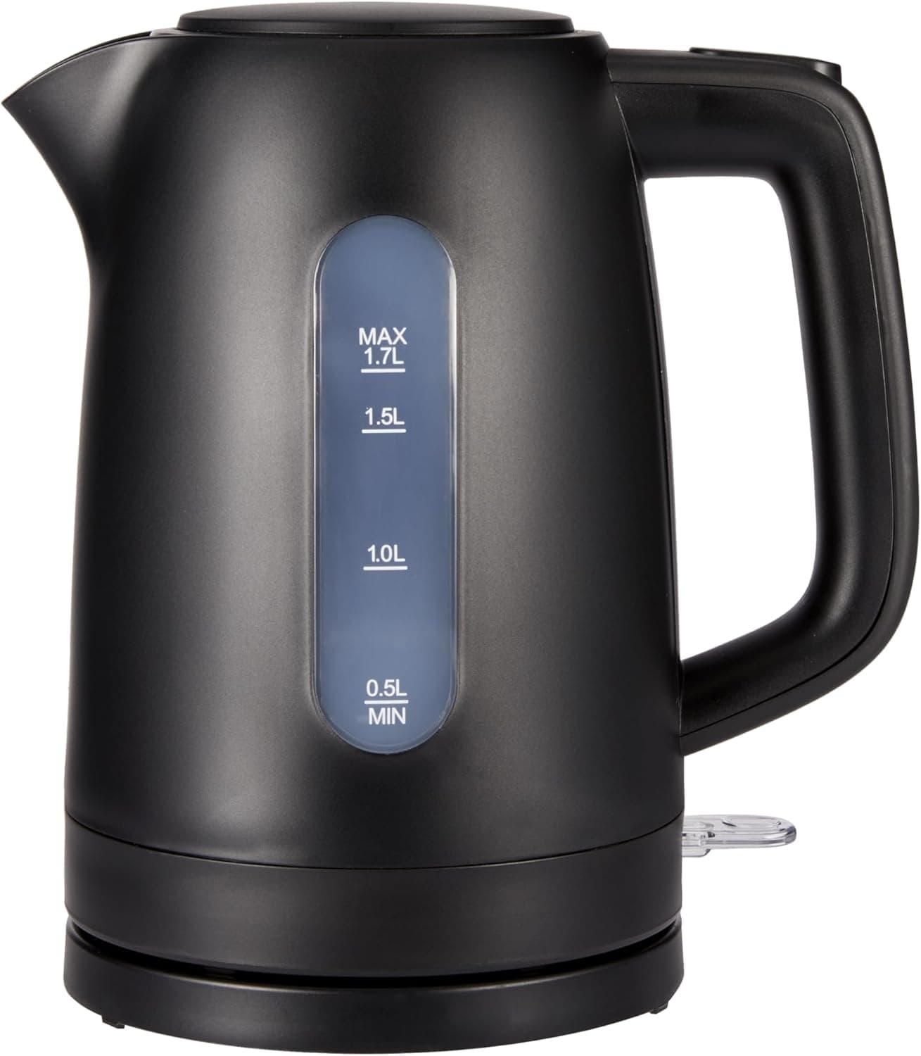 Amazon Basics Chaleira de água elétrica 1,7 l, 2200 W, livre de BPA com base de 360°, fecho automático e filtro anticalcário removível, preto mate