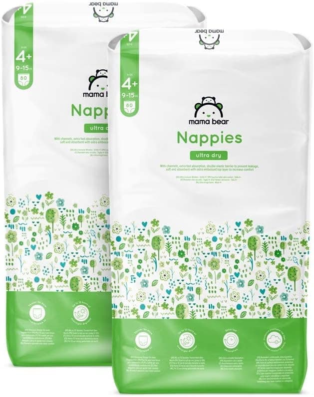 Marca Amazon - Mama Bear fraldas ultra-secas, tamanho 4 (9-15 kg), com canais, branco, 160 unidades (2 pacotes de 80) 