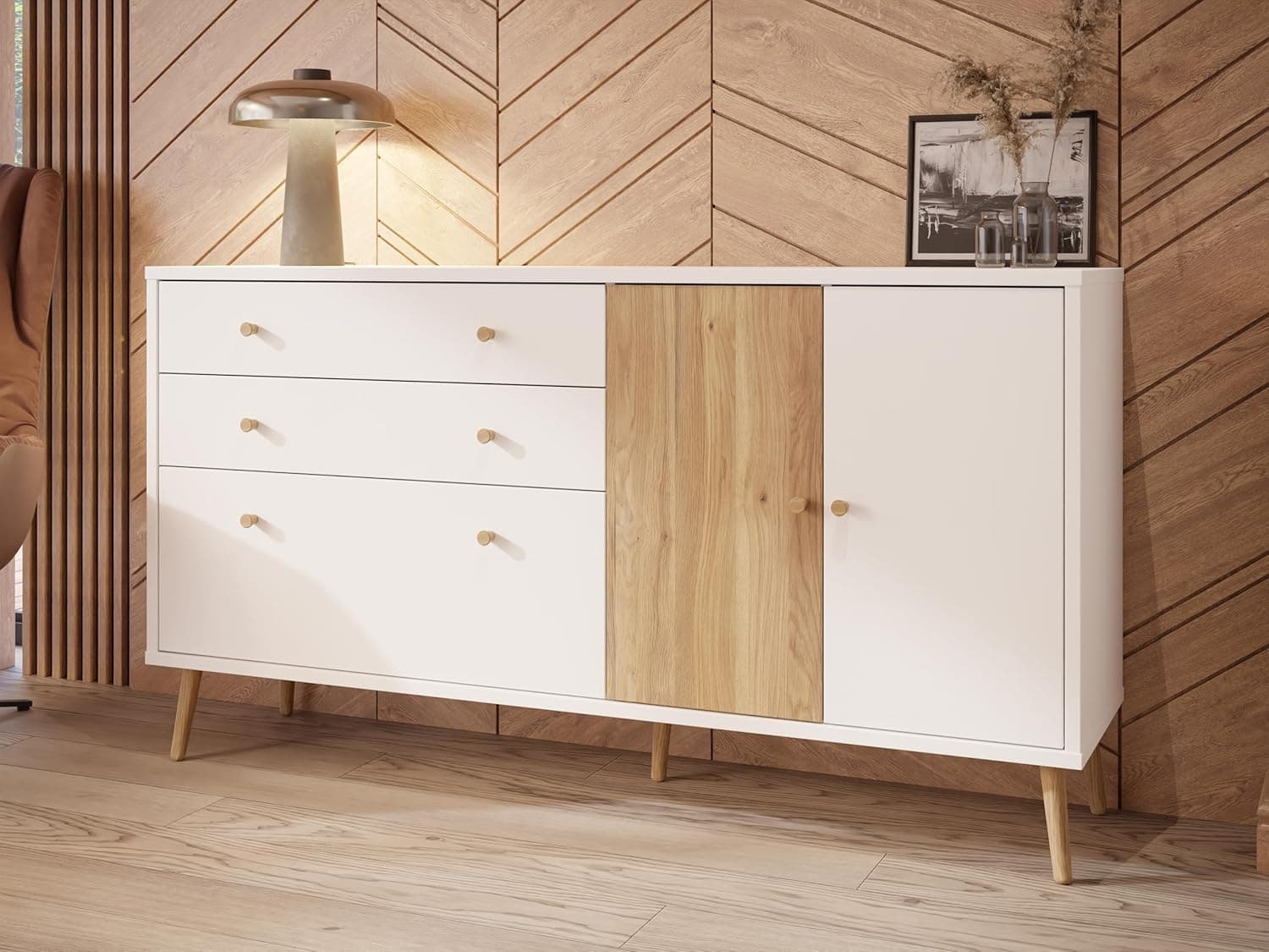 Forte HARLLSON Confortável 160 branco/carvalho Mauvella, montagem EasyKlix, pernas altas, 2 gavetas, 3 portas, estilo escandinavo retro, 160 x 86 x 41 cm