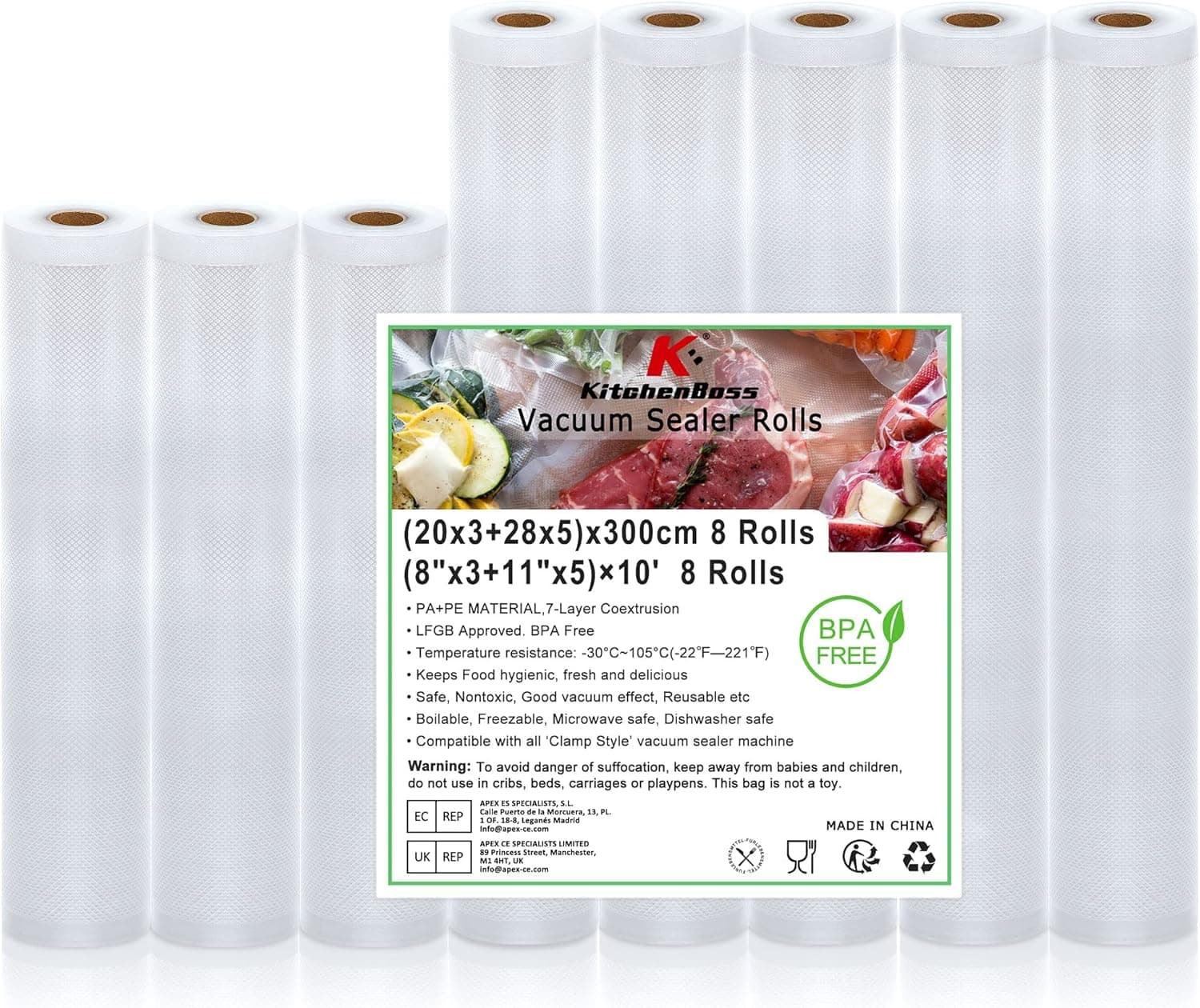 Rollos para embalagem a vácuo sacos vazios alimentos: KitchenBoss 8 rolos sacos embalar alimentos ao vácuo, sem BPA, 20 x 3/28 x 5/300 cm sacos de vácuo ofrados para alimentos e Sous Vide cozinha